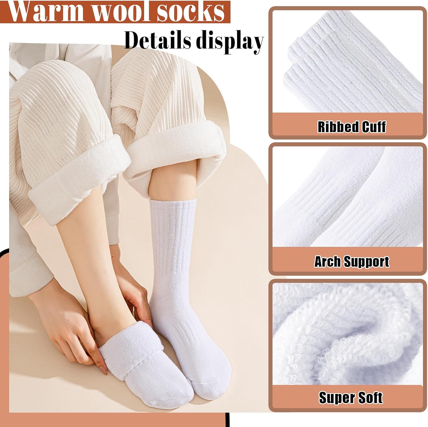 Detalle de VoJoPi Women’s Thermal Wool Socks, 5-Pack, Thick Cushioned Winter Socks
