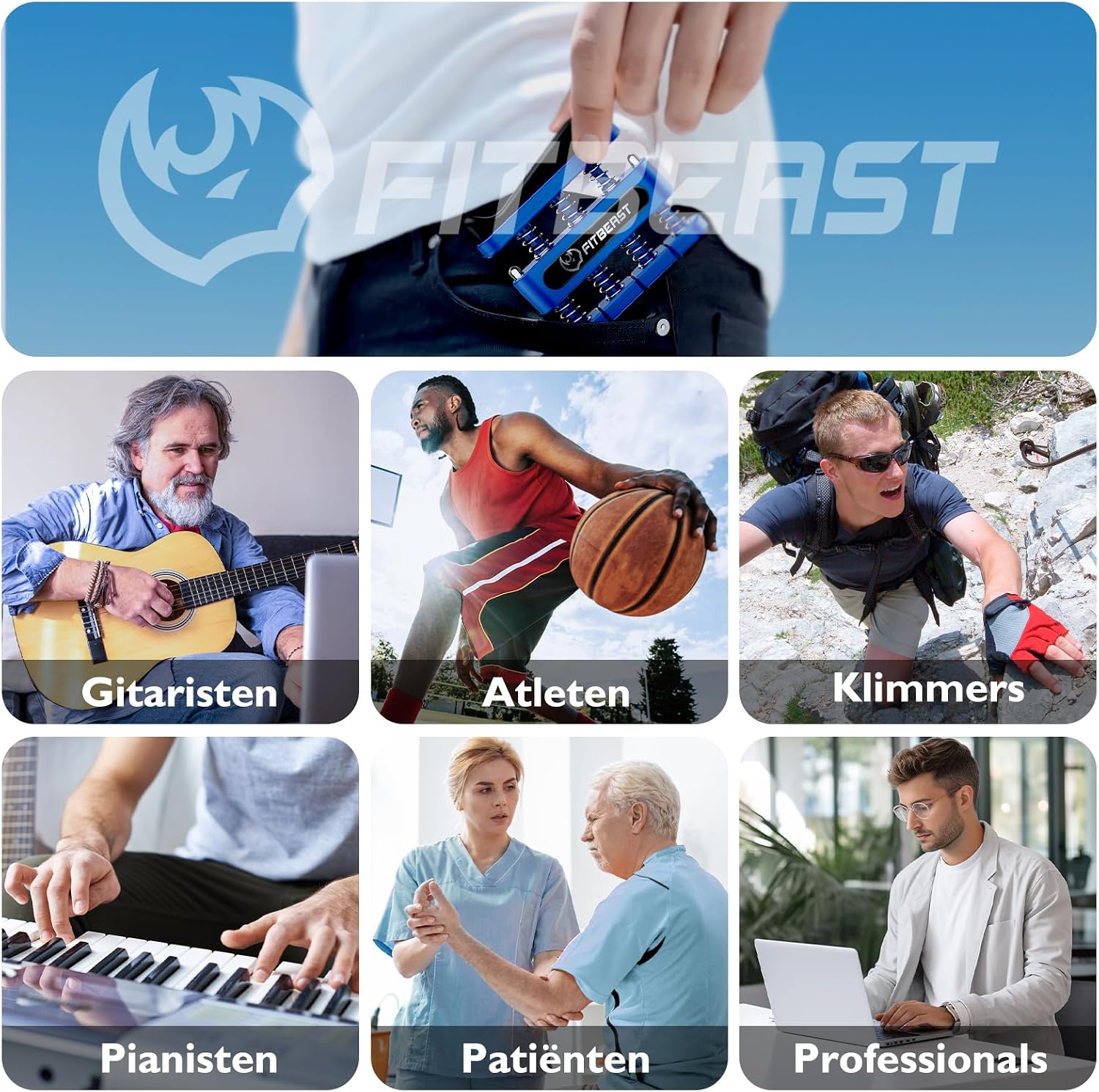 Detalle de FitBeast vingertrainer-set voor handkracht met twee weerstandsniveaus