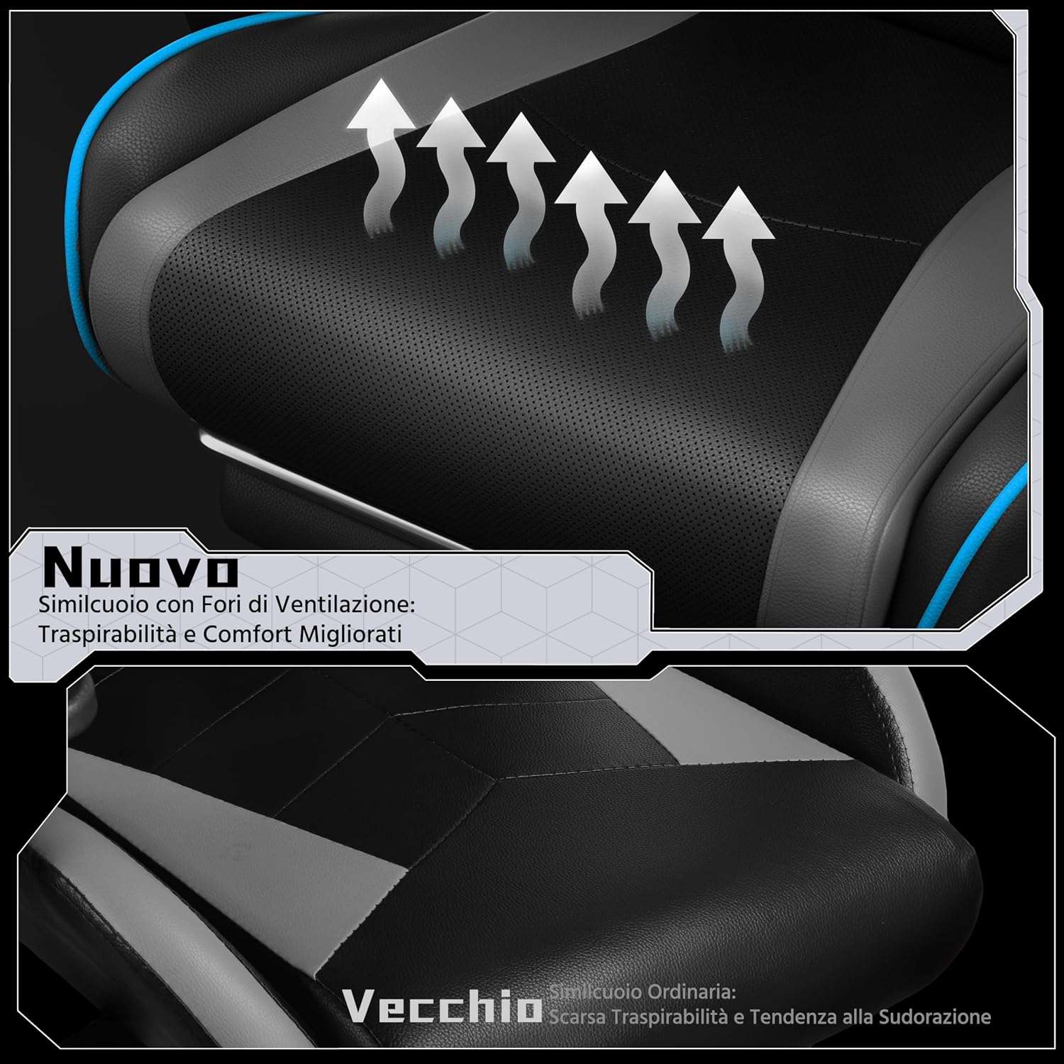 Detalle de Yaheetech sedia gaming ergonomica massaggiante reclinabile con poggiapiedi e supporto lombare, grigio