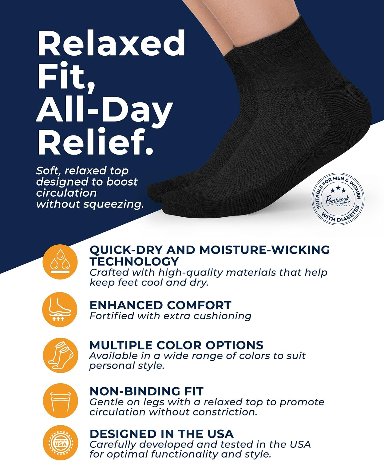 Detalle de Pembrook Ankle Diabetic Socks for Women & Men — 6 Pairs, Wide Non-Binding Quarter Length with Bamboo Comfort