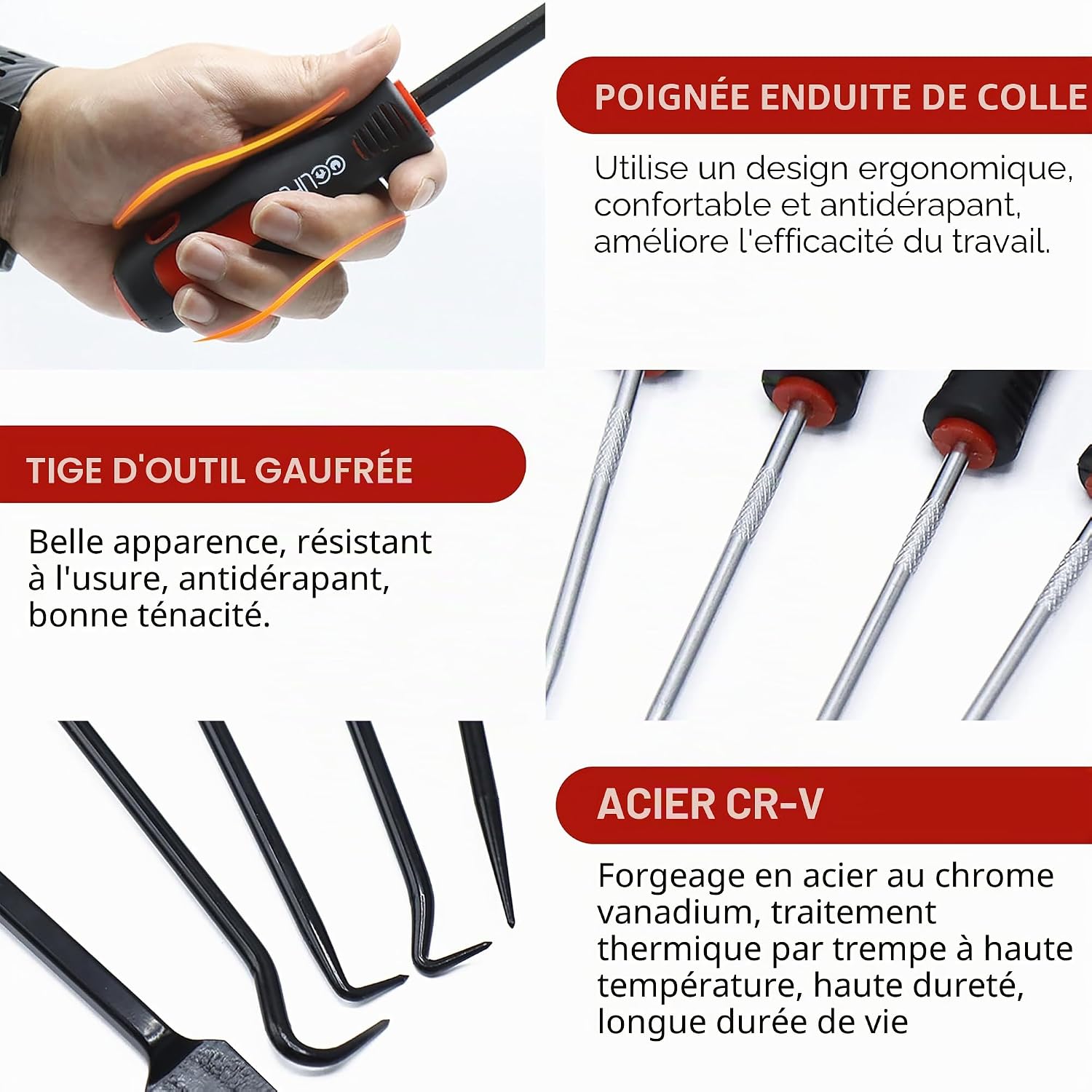 Detalle de Kit de Crochet CCLIFE 9 pièces – outils ergonomiques avec joint torique, tournevis et extracteur