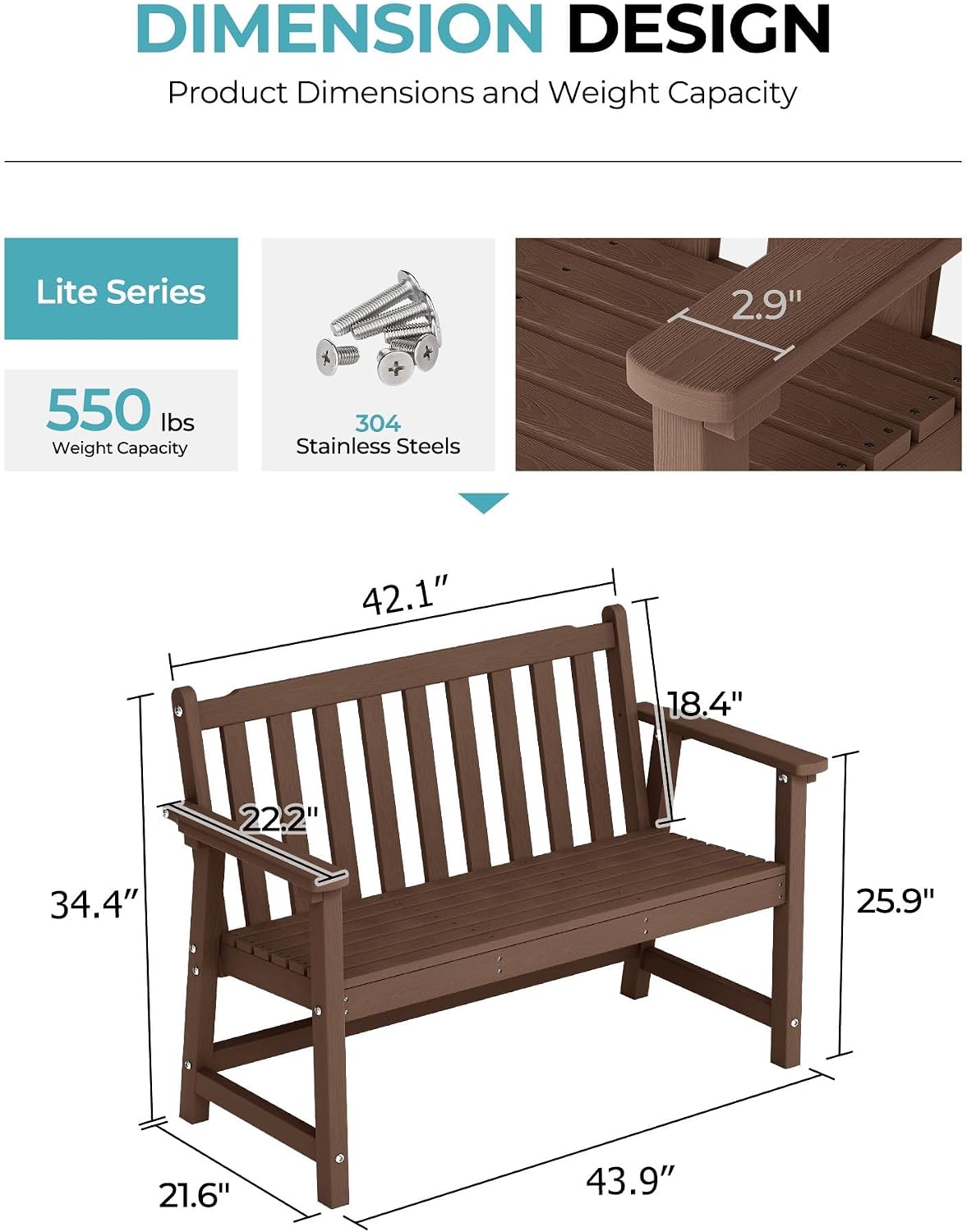 Detalle de Ciokea 48" Outdoor Bench, Brown HDPE Two-Seater with 550-Lb Capacity