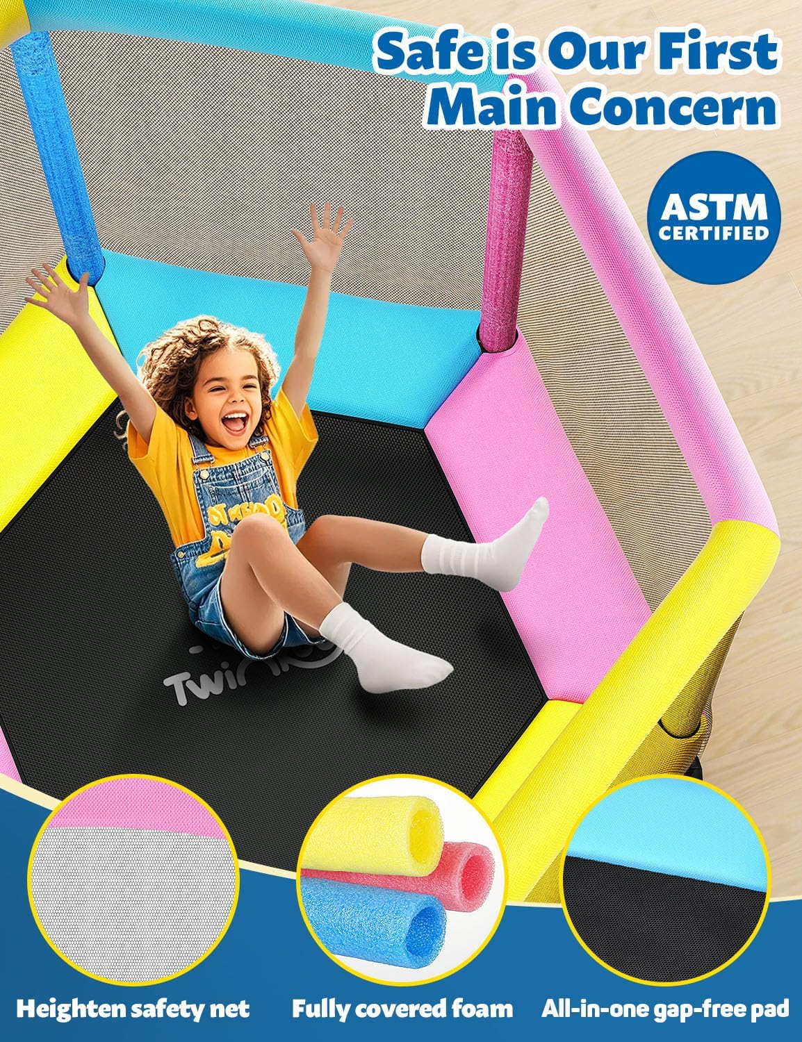 Thumbnail 1 de Twinkoo 60-Inch Trampoline for Kids with Safety Enclosure, Adjustable Gymnastics Bars, and Basketball Hoop