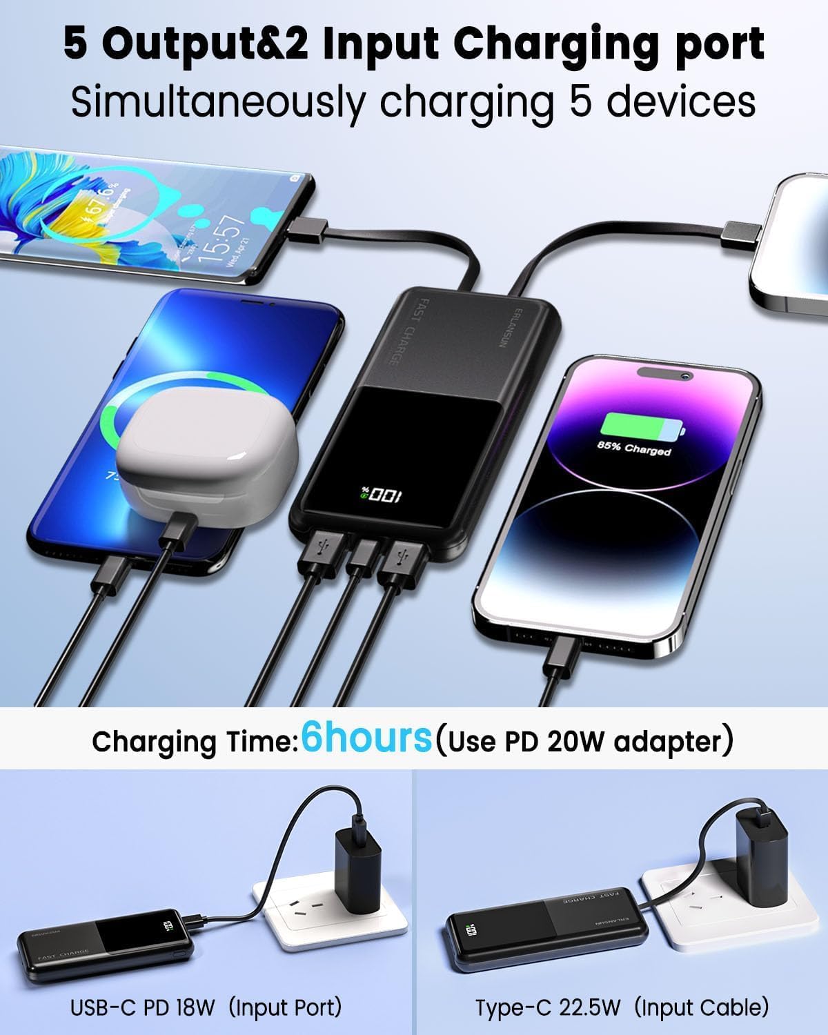 Detalle de Power Bank Fast Charging 20000mAh by Yixiugo – 22.5W Portable Charger with Built-in Cables and LCD