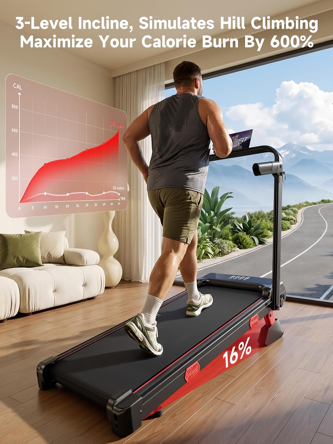Detalle 2 de RHYTHM FUN Incline Walking Pad Treadmill with Handles, 16% Manual Incline