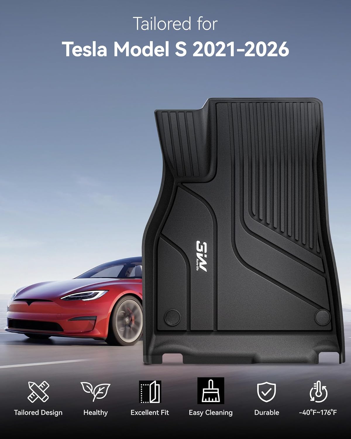 Thumbnail 1 de 3W Floor Mats & Cargo Liner for Tesla Model S (2021-2025) — Custom Fit All-Weather TPE Floor Liners, 1-3 Rows + Trunk