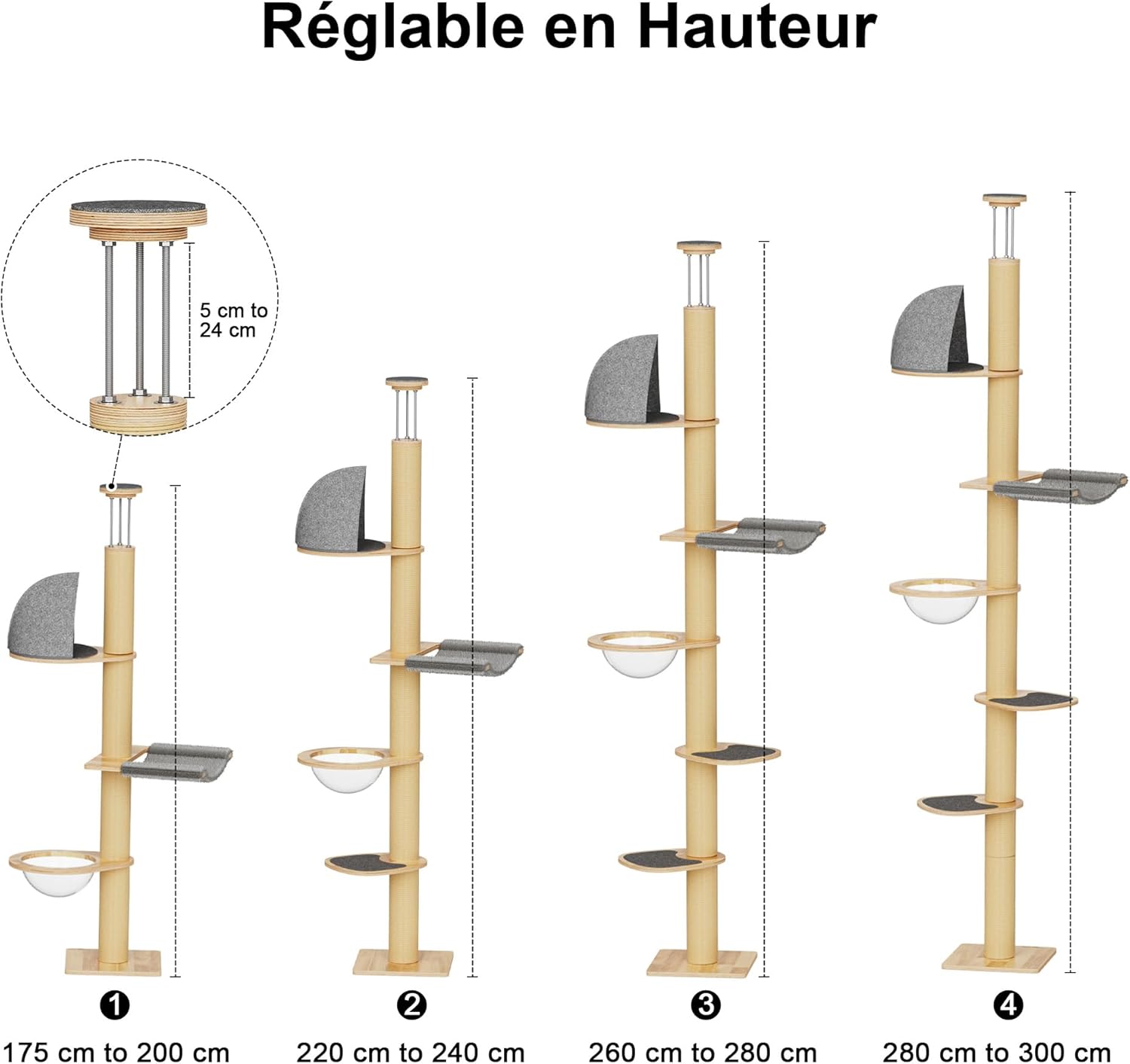Thumbnail 4 de FUKUMARU Arbre à chat du sol au plafond à 6 niveaux réglable (jusqu’à 300 cm) avec hamac et capsule transparente 360°