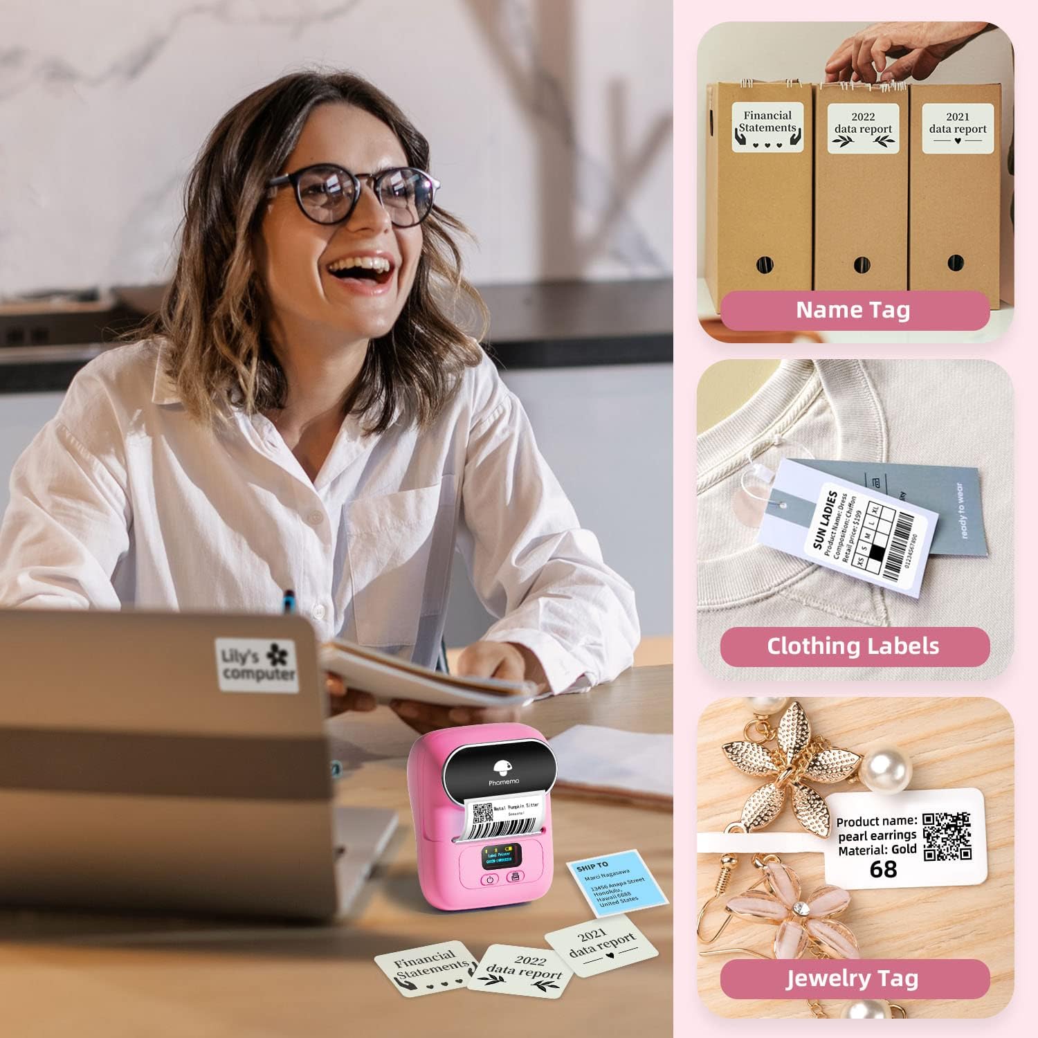 Thumbnail 5 de Phomemo M110 stampante portatile per etichette termiche Bluetooth (set con 3 rotoli) rosa