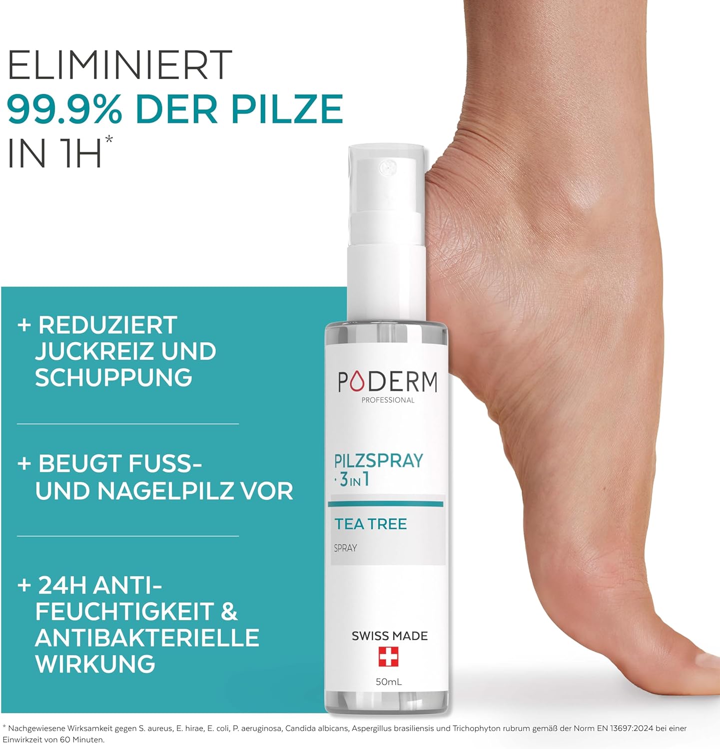 Detalle 2 de PODERM 3-in-1 Pilzspray für Nägel, Füße & Schuhe (Teebaum, Zink & Minze) – Swiss Made