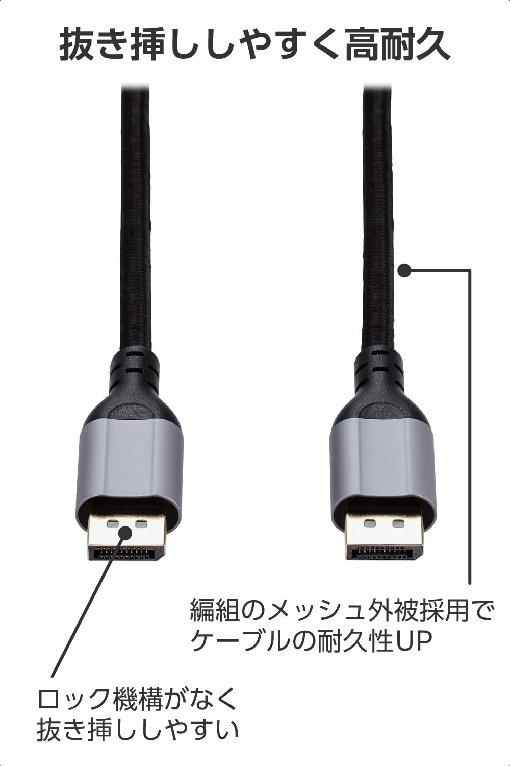 Detalle 1 de エレコム ECCAC-DP1220BK DisplayPortケーブル 2m、4K/60Hz・ナイロンメッシュ