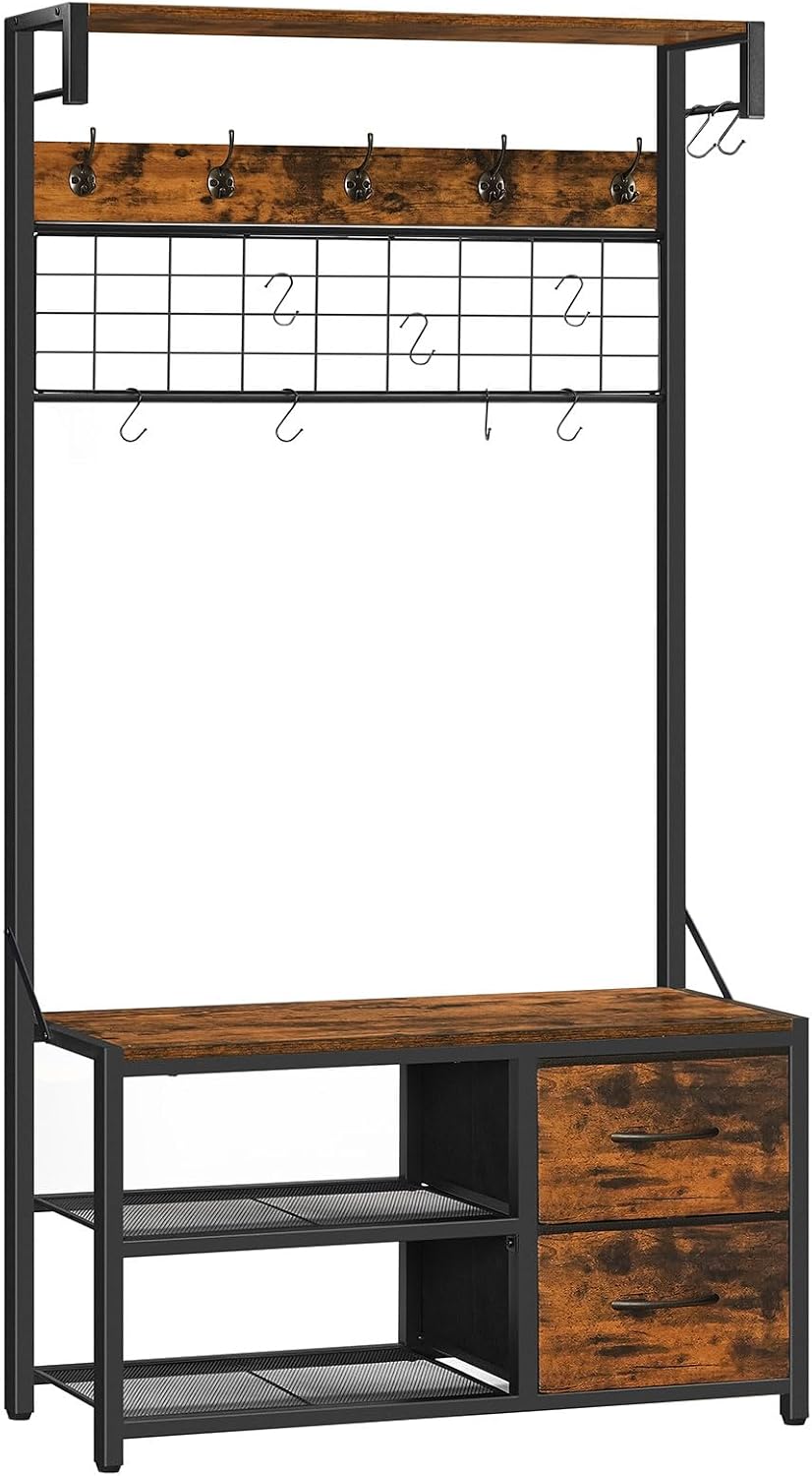 Detalle de HOOBRO Stand Appendiabiti, Panca Appendiabiti da Ingresso con Scarpiera e Cassetti – Marrone Vintage e Nero (EBF08MT01)