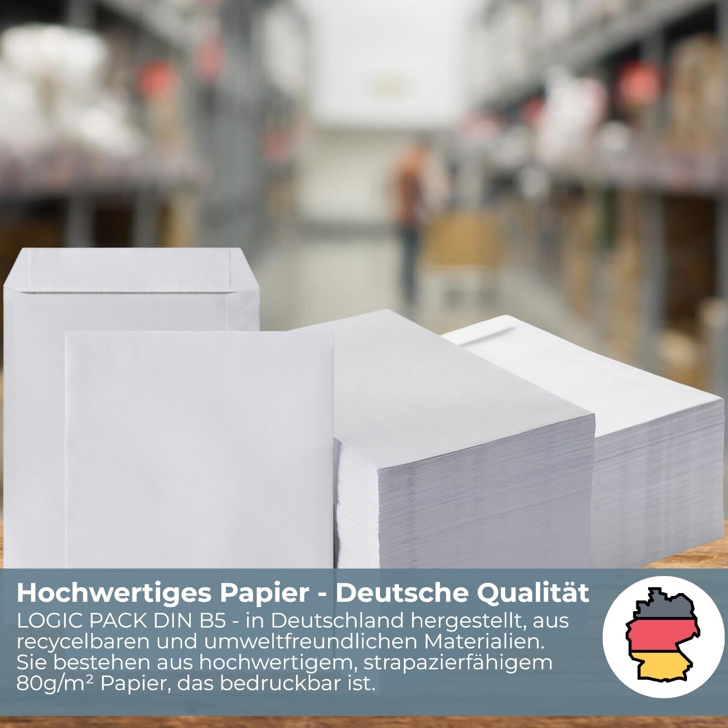 Detalle de LOGIC PACK 100 Briefumschläge DIN B5, weiß, ohne Fenster – selbstklebend (176 × 250 mm, 80 g/m²)