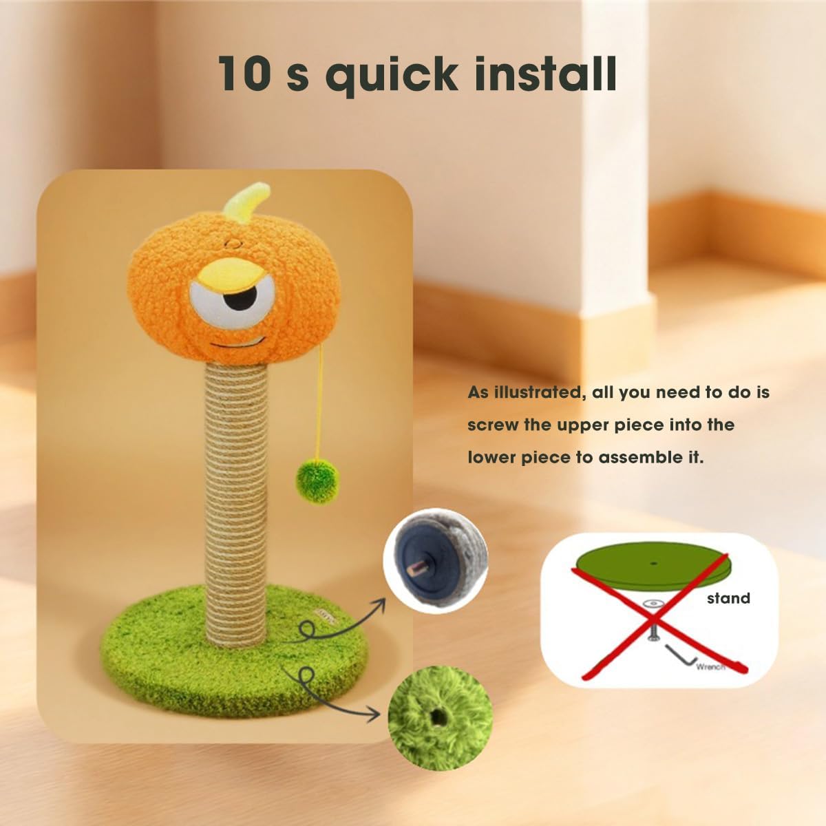 Detalle 2 de Pumpkin Cat Scratching Post for Kittens – Soft Velvet Base, Play Ball, 30 × 30 × 60cm