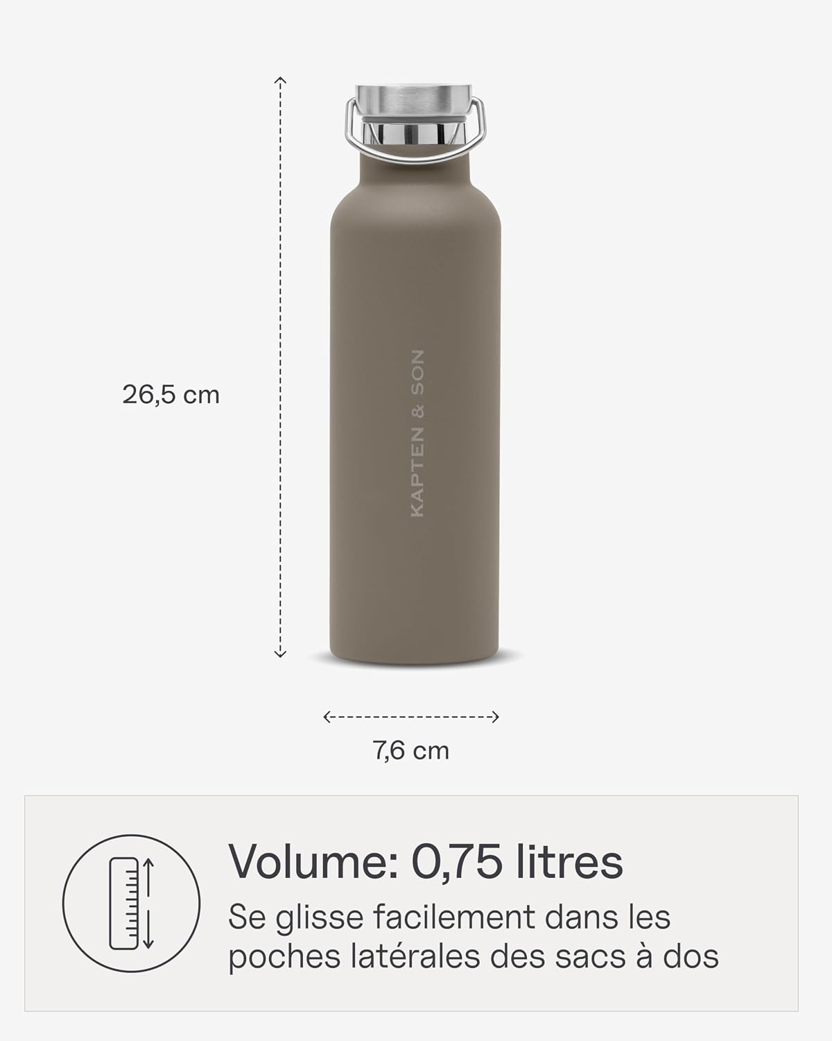 Detalle de Kapten & Son Gourde en acier inoxydable 750 ml – Marron, anti-fuite et lave-vaisselle