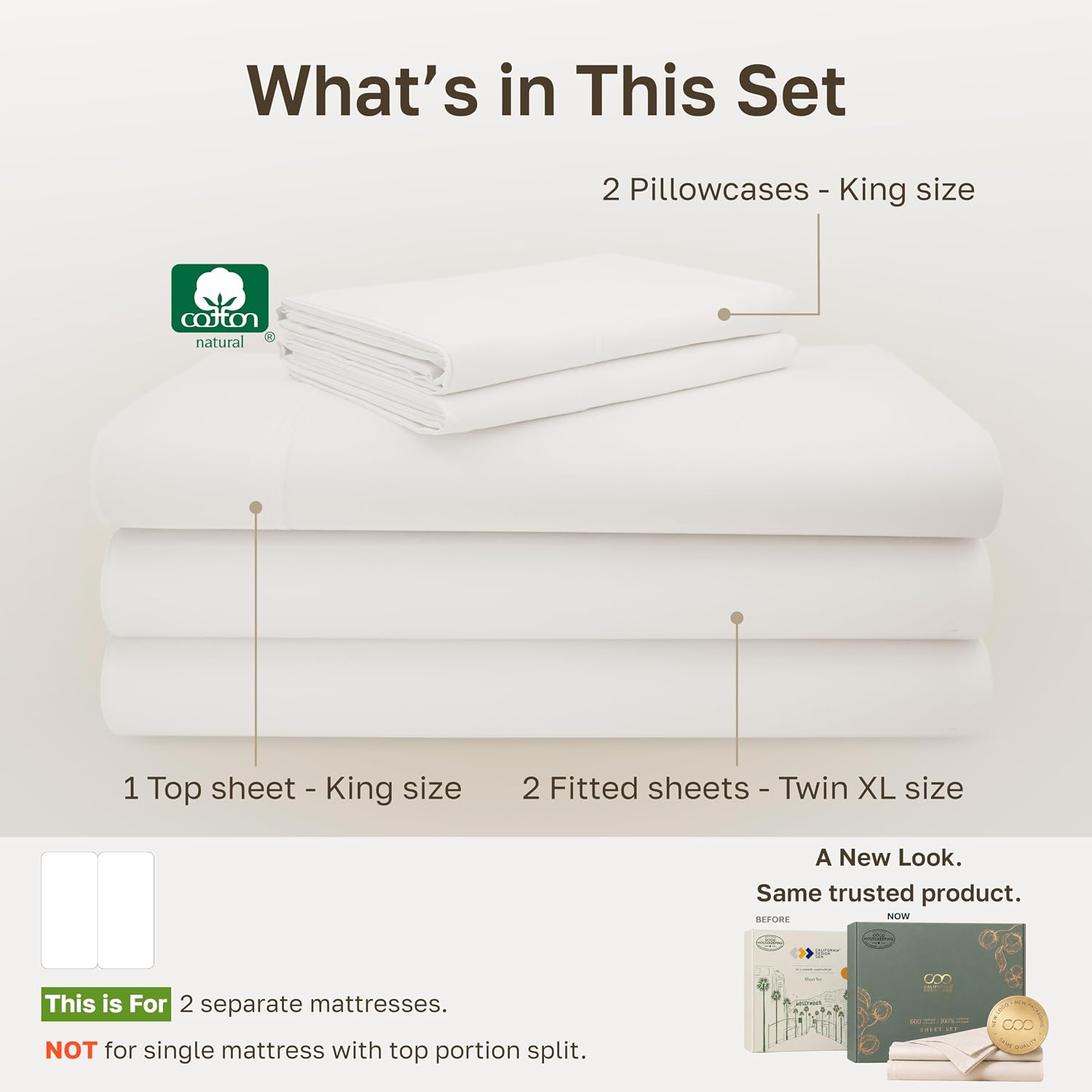 Detalle 2 de California Design Den 840307193568 Split King Sheets, 600 Thread Count Cotton Sateen