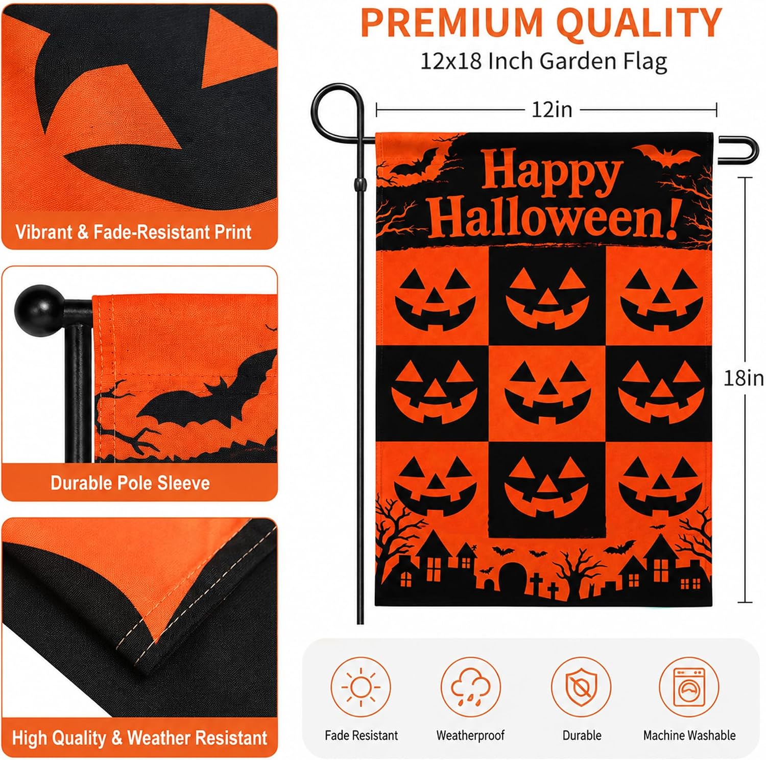 Detalle 2 de OHOME Halloween Garden Flag, Double-Sided Polyester, Orange and Black, 18 x 12 in