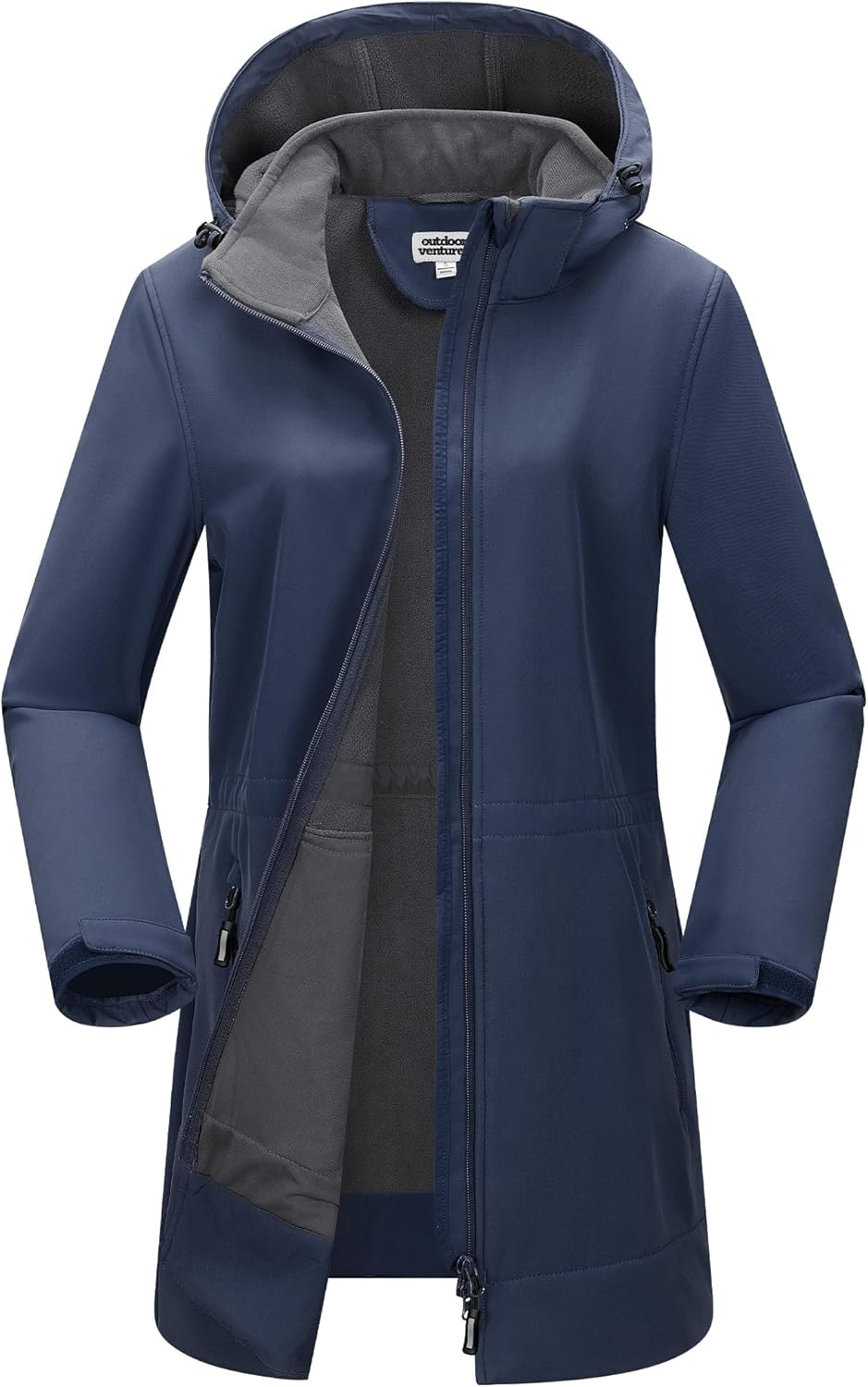Detalle de Outdoor Ventures Damen Softshell Lange Jacke mit Kapuze – Fleece gefüttert, wind- und wasserdicht