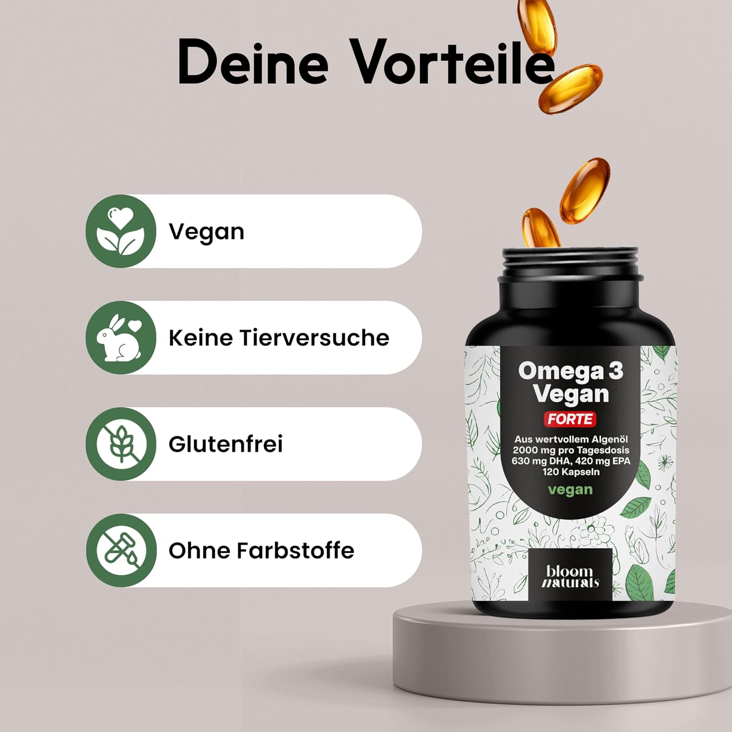 Thumbnail 3 de Omega 3 Kapseln Hochdosiert FORTE Vegan – 120 Kapseln mit 2000 mg Algenöl, DHA & EPA (Laborgeprüft, in Deutschland hergestellt)