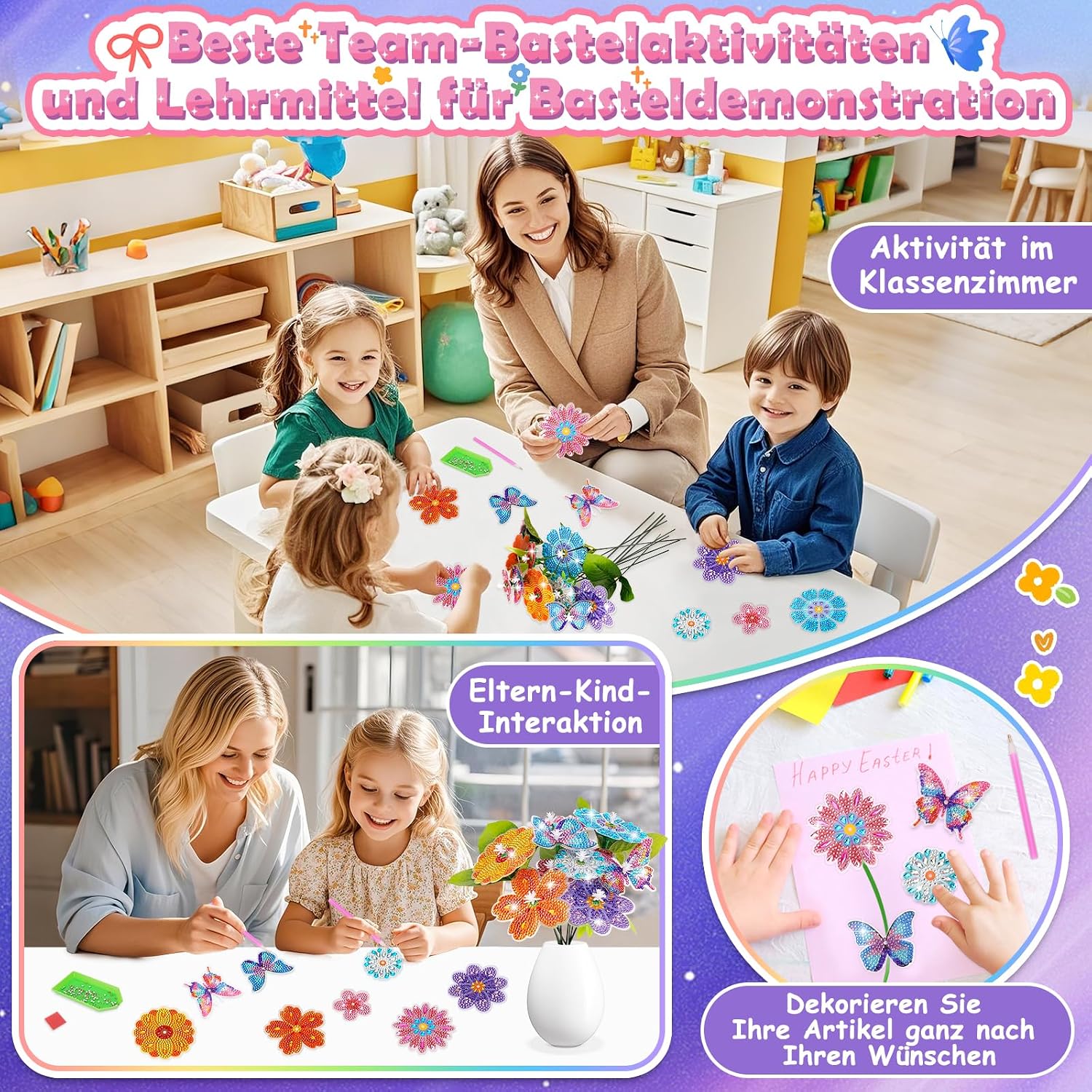 Thumbnail 2 de Blumen Basteln Mädchen Diamond Painting Set (Blumenstrauß) – Bastelkoffer mit Diamanten und Zubehör