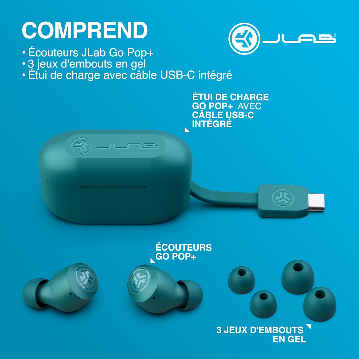 Thumbnail 6 de JLab Go Air Pop+ – Écouteurs Bluetooth intra-auriculaires sans fil avec micro, EQ3 et boîtier de charge (Sarcelle)