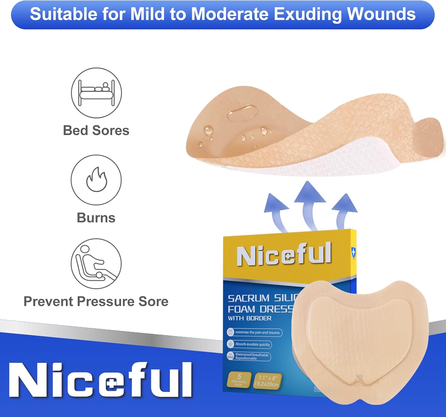 Thumbnail 3 de Niceful Sacral Silicone Foam Dressing (7.1 x 8 in, 5 pcs) for Large Wounds