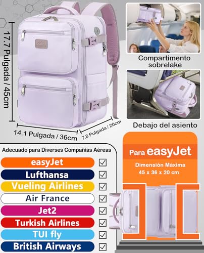 Detalle 2 de LYNXCHER Mochila de viaje 30 L, 45 x 36 x 20 cm, para portátil de 15,6 pulgadas, lila
