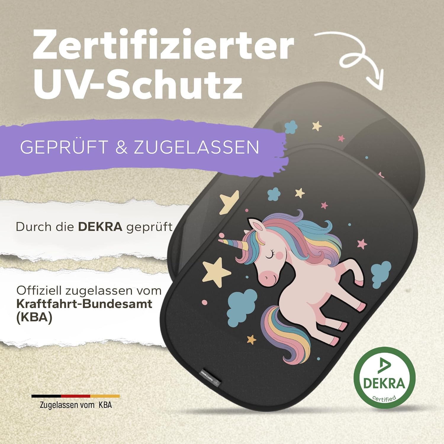 Thumbnail 1 de Sonnenschutz Auto Baby & Kinder mit UPF50+ (DEKRA geprüft, KBA-zugelassen) – Sonnenschutz Seitenscheibe Einhorn