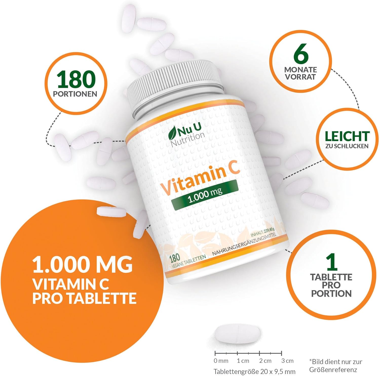 Detalle 2 de Nu U Nutrition Vitamin C 1000mg Hochdosiert 180 Vegane Tabletten