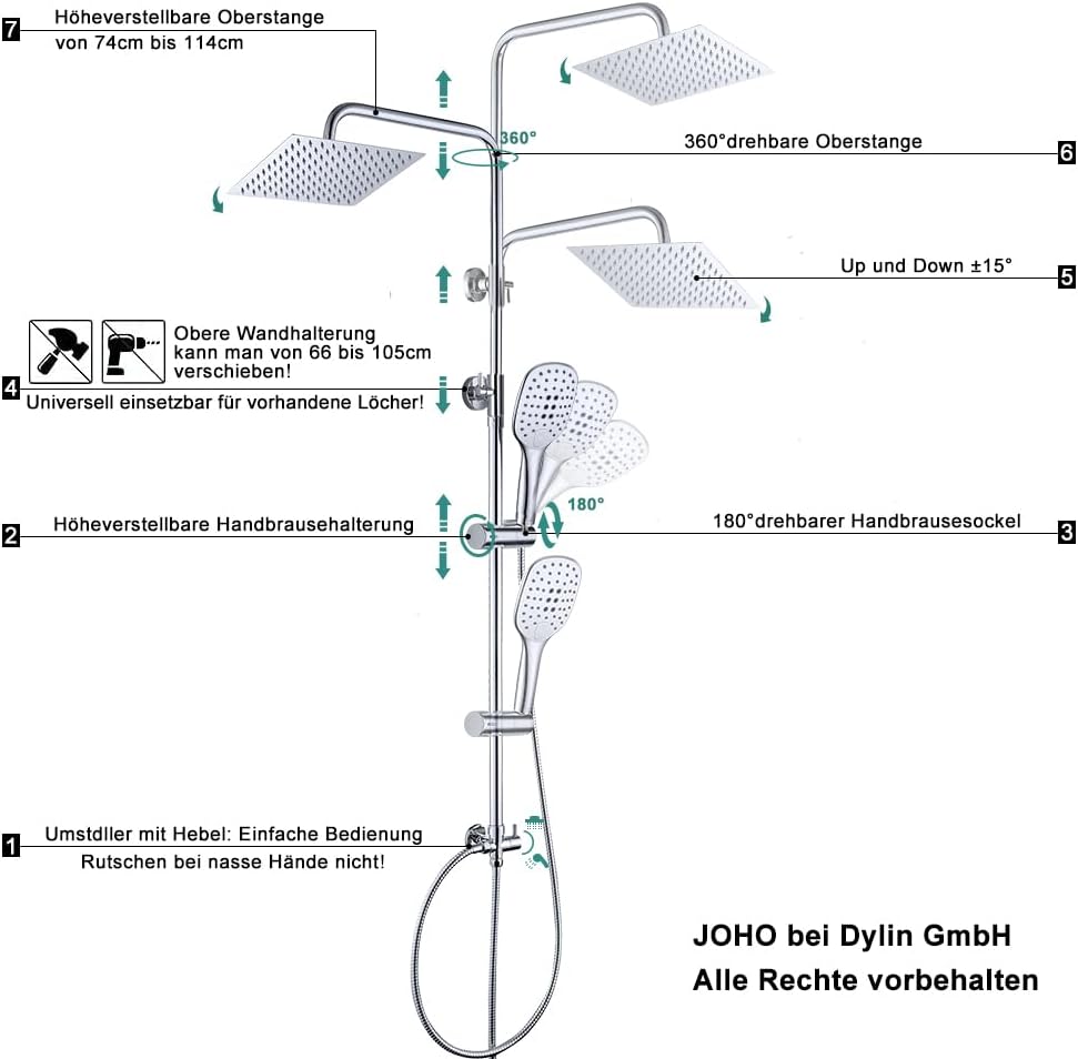 Thumbnail 4 de JOHO Duschset ohne Armatur mit 20×20 cm Regendusche, Handbrause und höhenverstellbarer Stange (Chrom/Edelstahl)