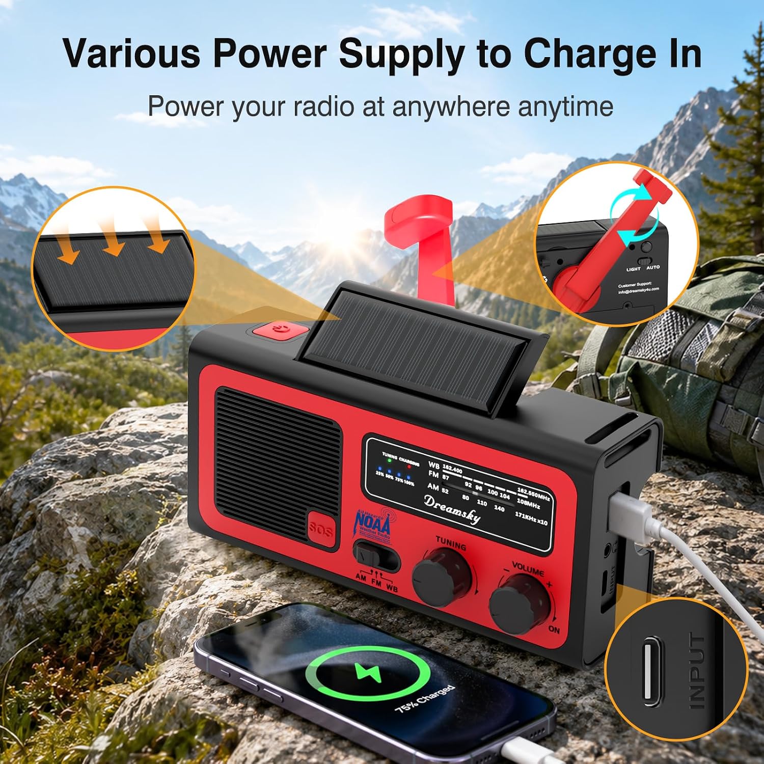 Detalle 1 de DreamSky NOAA Emergency Radio with Hand Crank, Solar Charging, SOS Alarm and Light