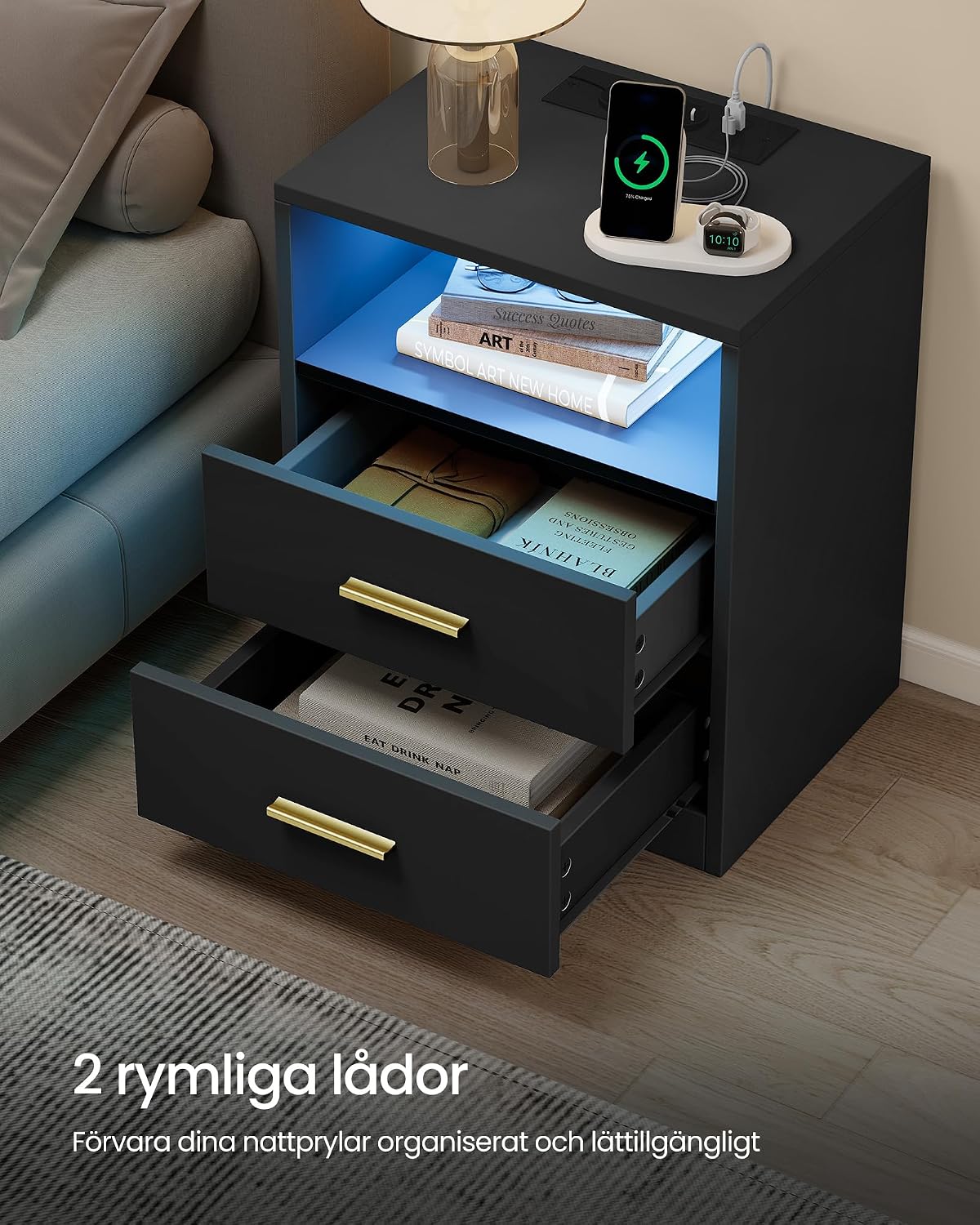 Detalle 2 de VASAGLE LET829BC01 Custos sängbord, 2-pack med LED och uttag, bläcksvart