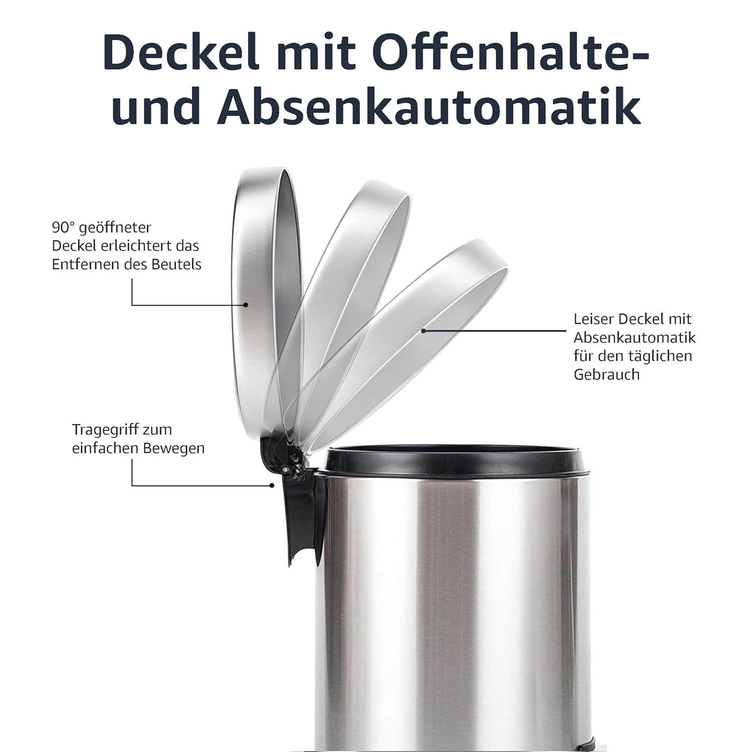 Detalle de Amazon Basics Mülleimer, rund, 5 L, Edelstahl, sanftes Schließen, Fußpedal – kompakt für Bad und kleine Räume