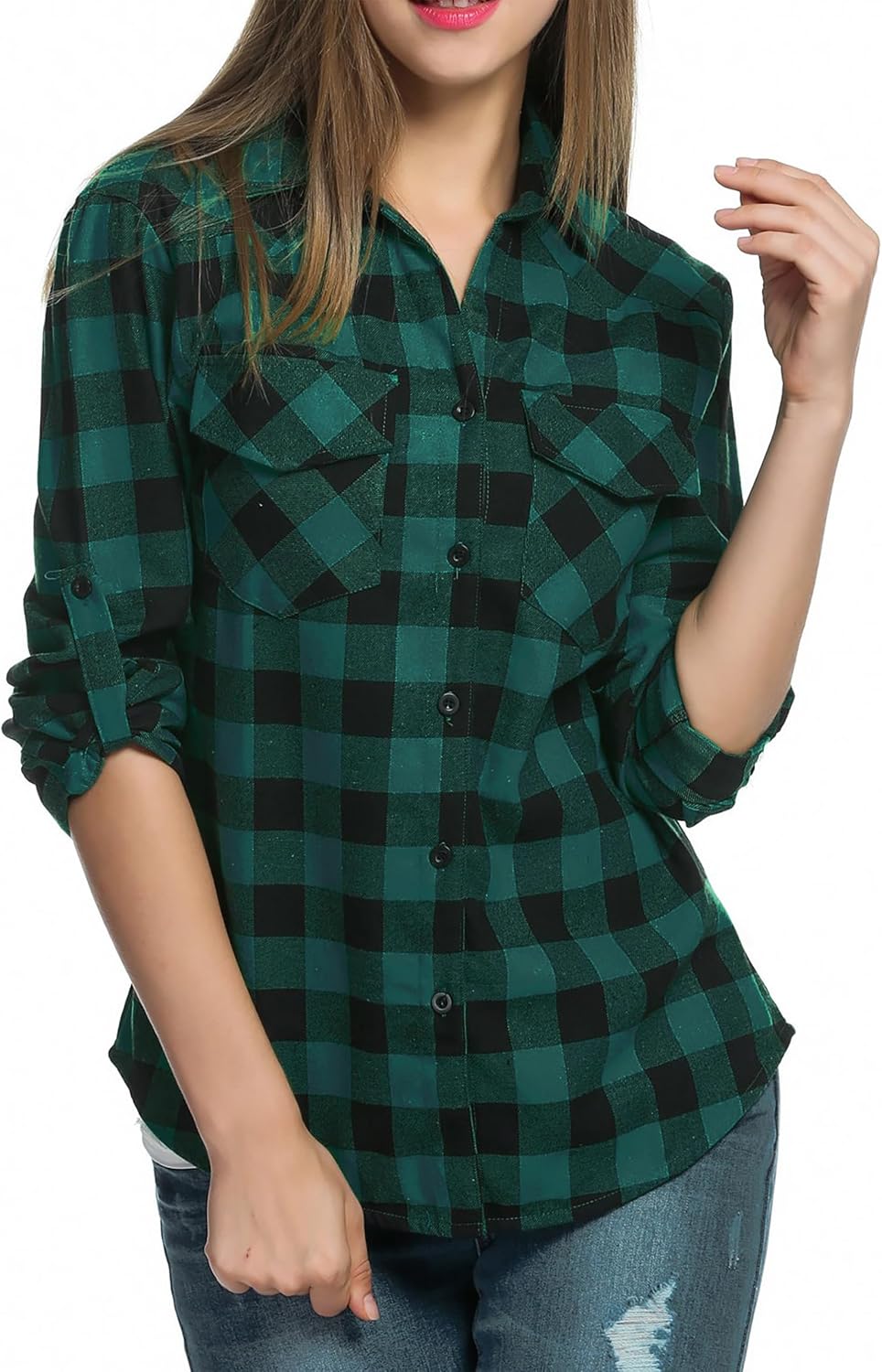Detalle de Timuspo geruite damesblouse van flanel met lange mouwen en V-hals