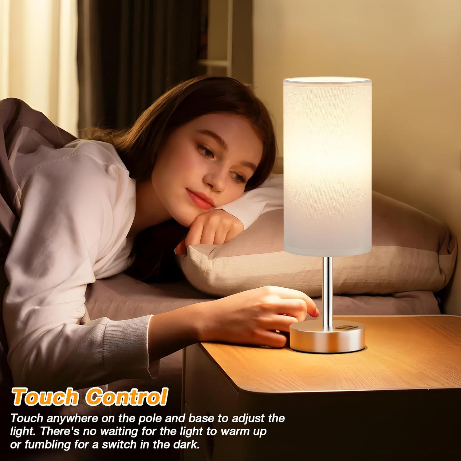 Detalle de Aooshine Touch Bedside Lamps Set of 2 – Dimmable, with White Shade and Silver Base (Bulbs Included)
