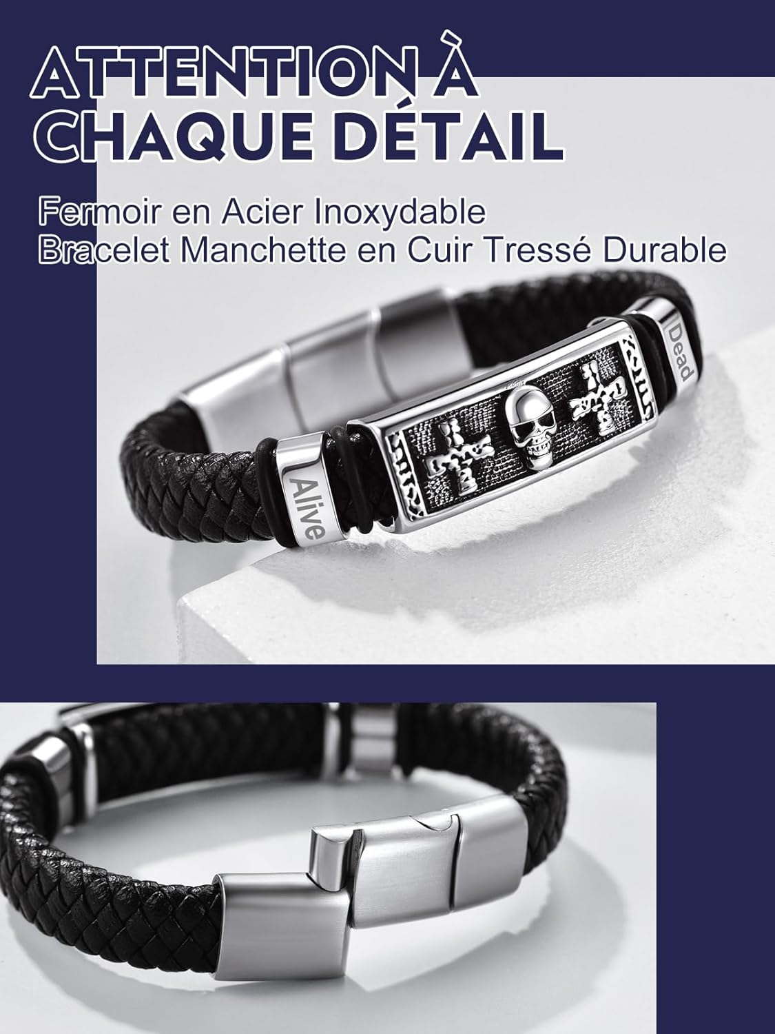 Thumbnail 6 de Bandmax Bracelet Homme Cuir PU Tressé Noir 21/23 cm avec Manchette Marteau – Accessoire de mode Bandmax