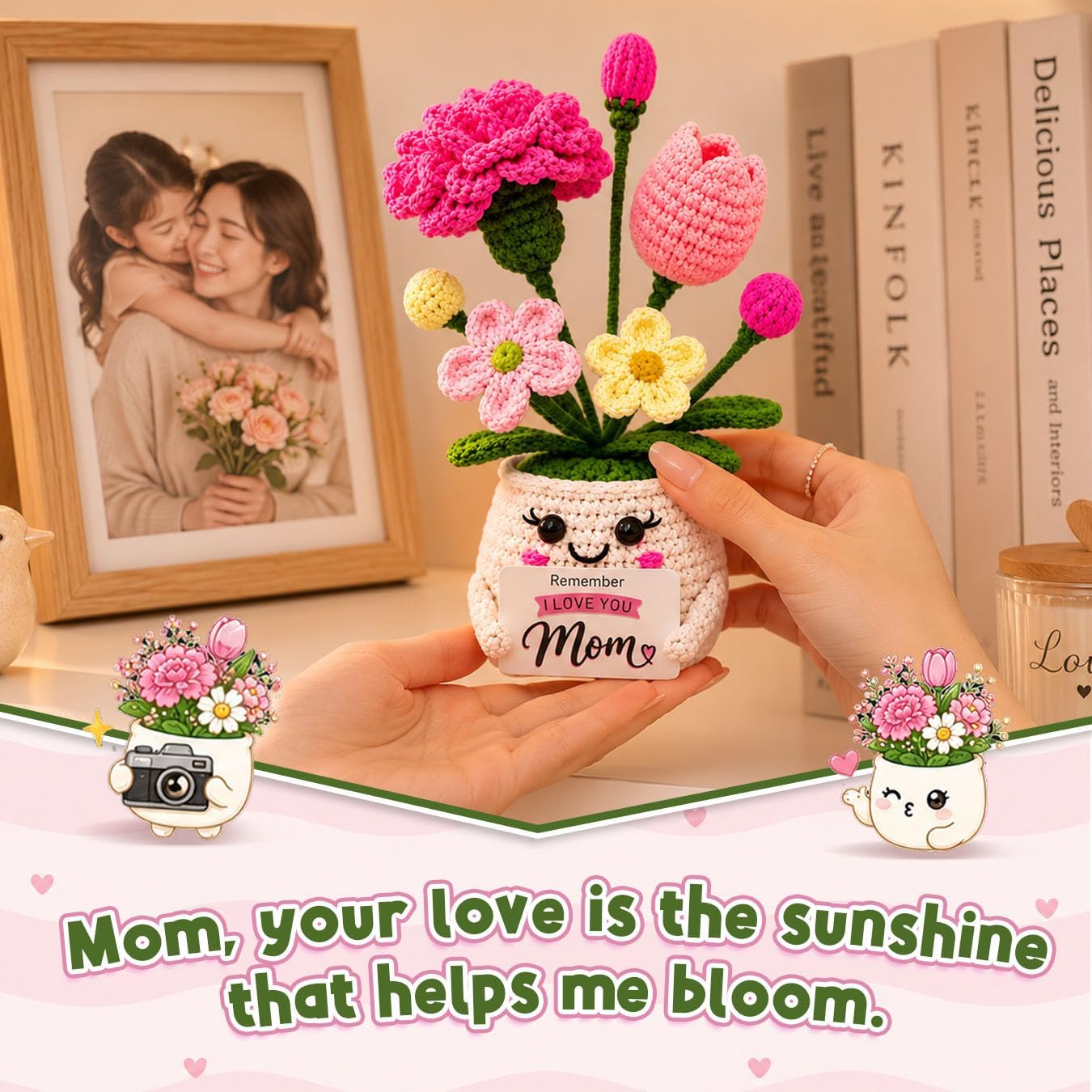 Detalle de THEGIFTY Pot-Mom-A001 Crochet Flower Pot for Mom, Wool Keepsake Decor