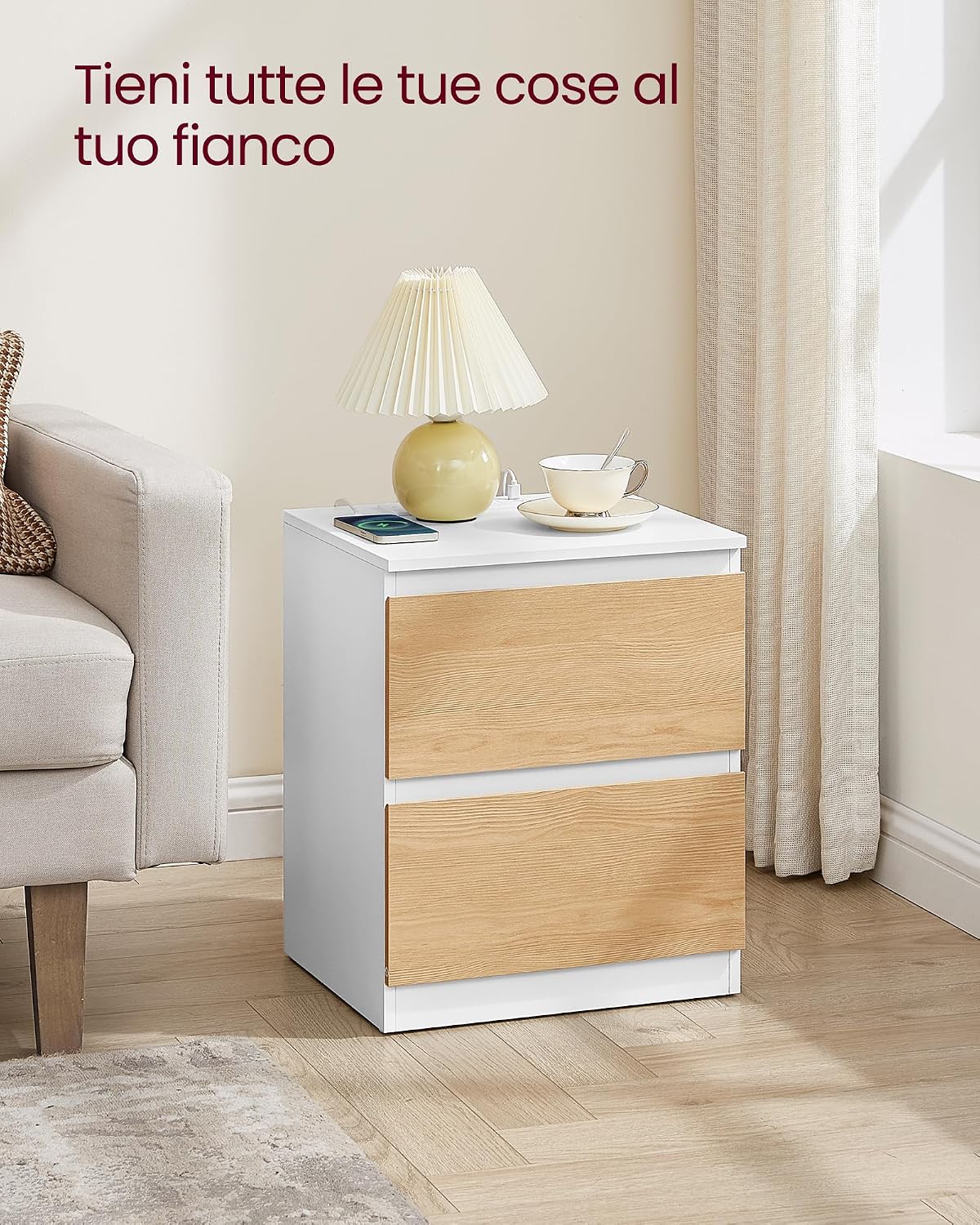 Detalle 2 de VASAGLE Kailyn Collezione - Comodini con Ciabatta Elettrica, Set di 2, bianco nuvola LET821W02