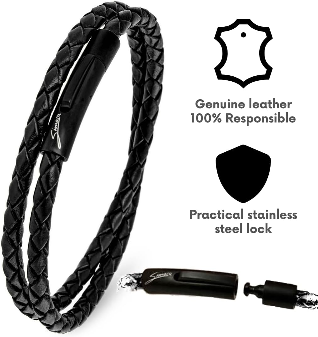 Detalle de Simaru bracelet en cuir 4 mm tressé à enrouler – taille unisexe, fermeture en acier inoxydable
