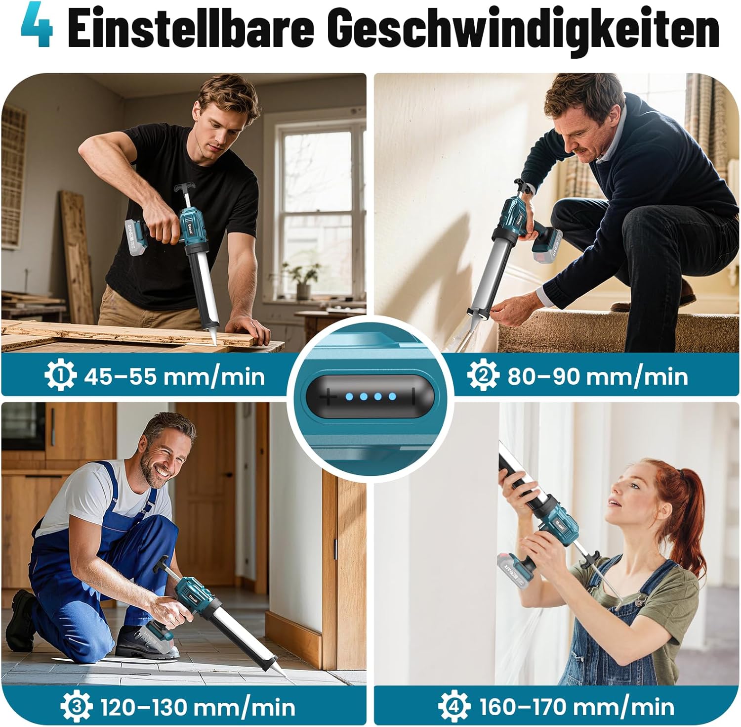 Detalle de Uaoaii Akku-Kartuschenpistole – 18V kompatibel mit Makita, LED-Licht, 4 Geschwindigkeiten, 300-ml Kartuschen