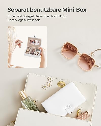 Detalle 2 de SONGMICS Schmuckkästchen, 3 Ebenen, 2 Seitentüren, abschließbar – eleganter Organizer für Schmuck in Wolkenweiß