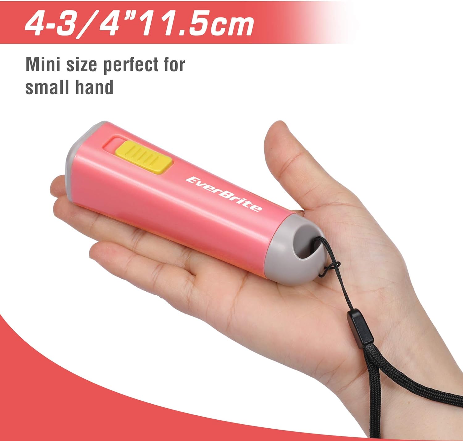 Detalle de EverBrite Mini Lampe de Poche LED (Rouge Corail) — 46 g, 30 lumens, lumière jaune, avec 3 piles AAA incluses