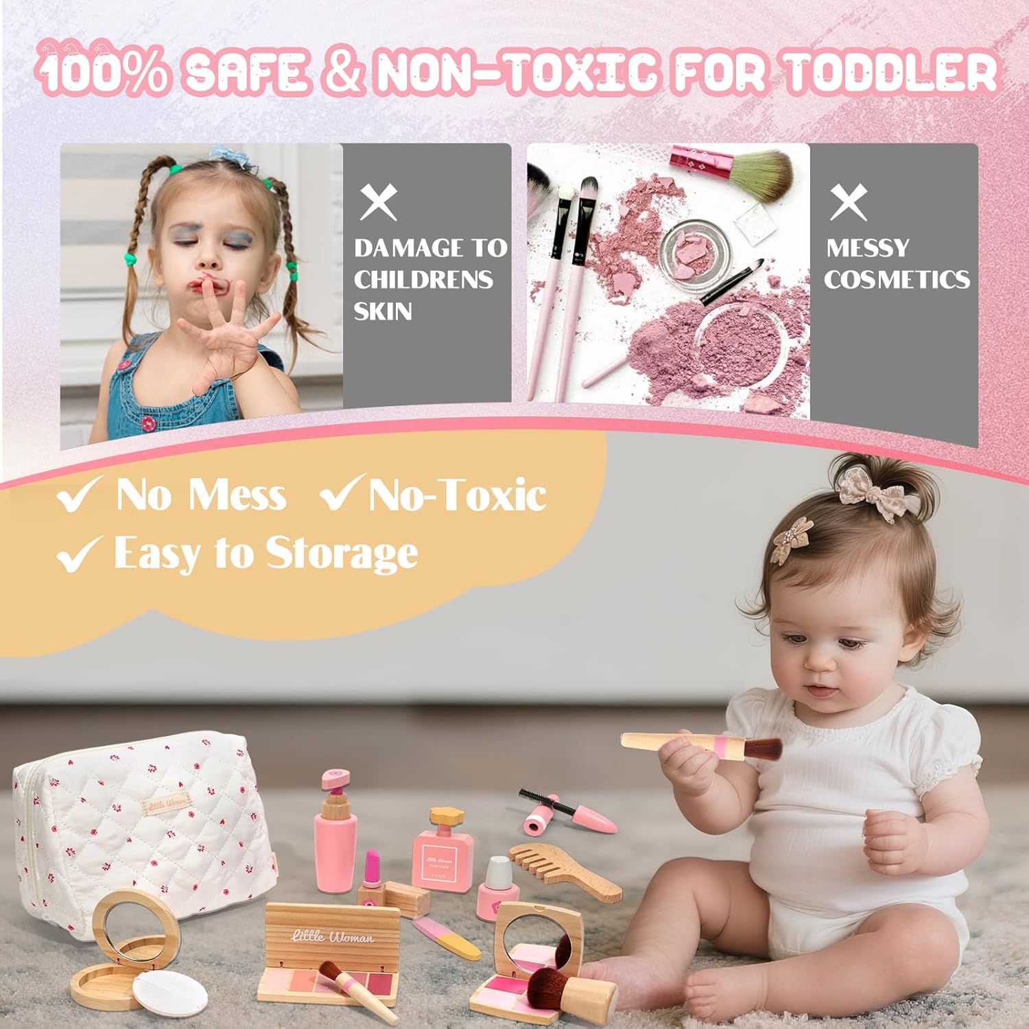 Detalle de Wooden Pretend Makeup Kit for Toddlers — Non-Toxic, Mess-Free Play Set for 1–3 Year Old Girls