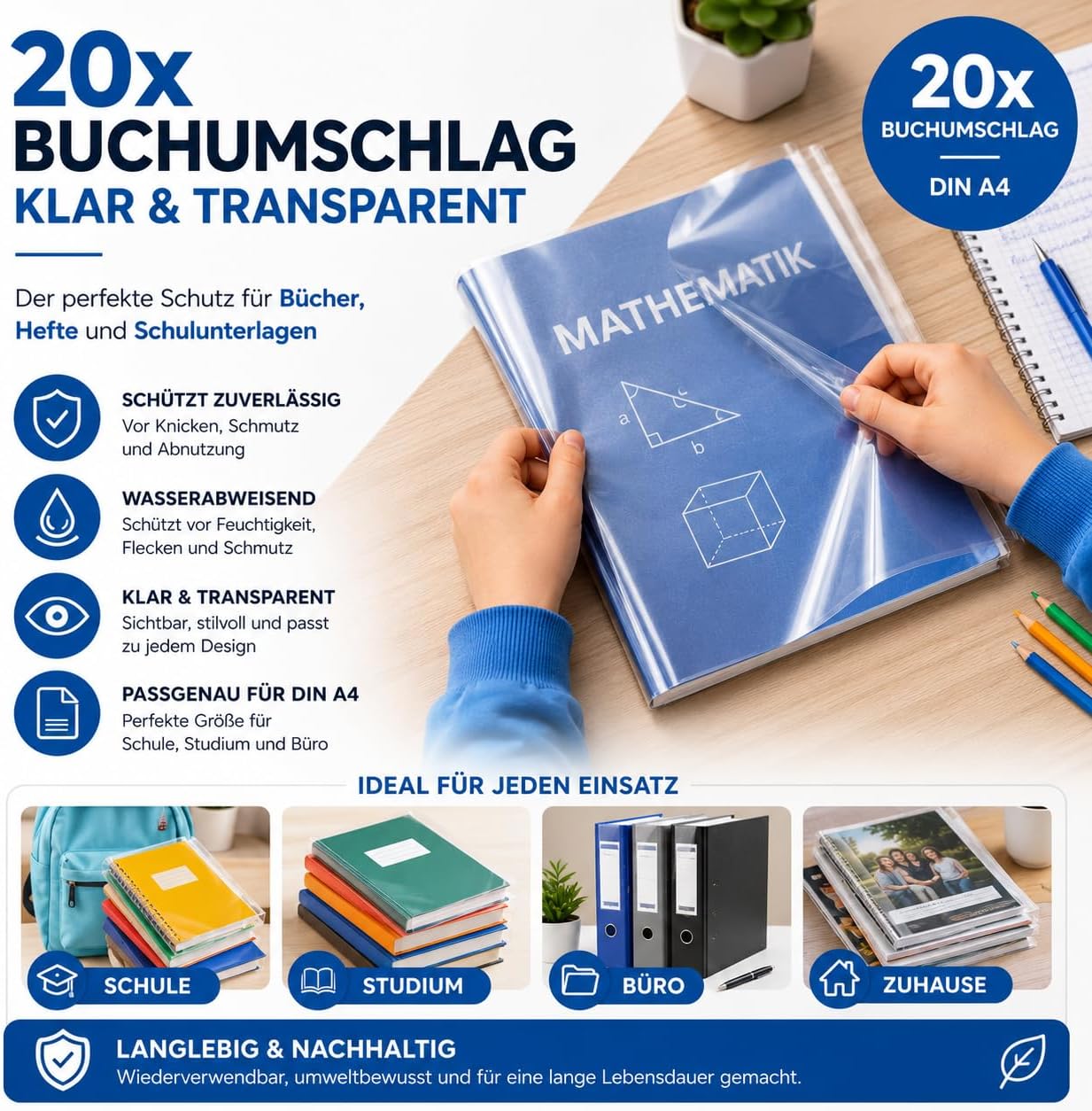 Detalle 2 de 20x Klarer Buchumschlag DIN A4 – Schutzumschlag & Hefthülle für Bücher, Hefte & Notizbücher