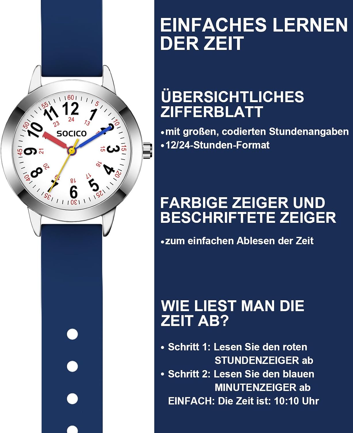 Thumbnail 2 de SOCICO Lernuhr Kinder Armbanduhr Blau – Analoge Kinderuhr, 3ATM Wasserdicht, Lernhilfe für Jungen und Mädchen