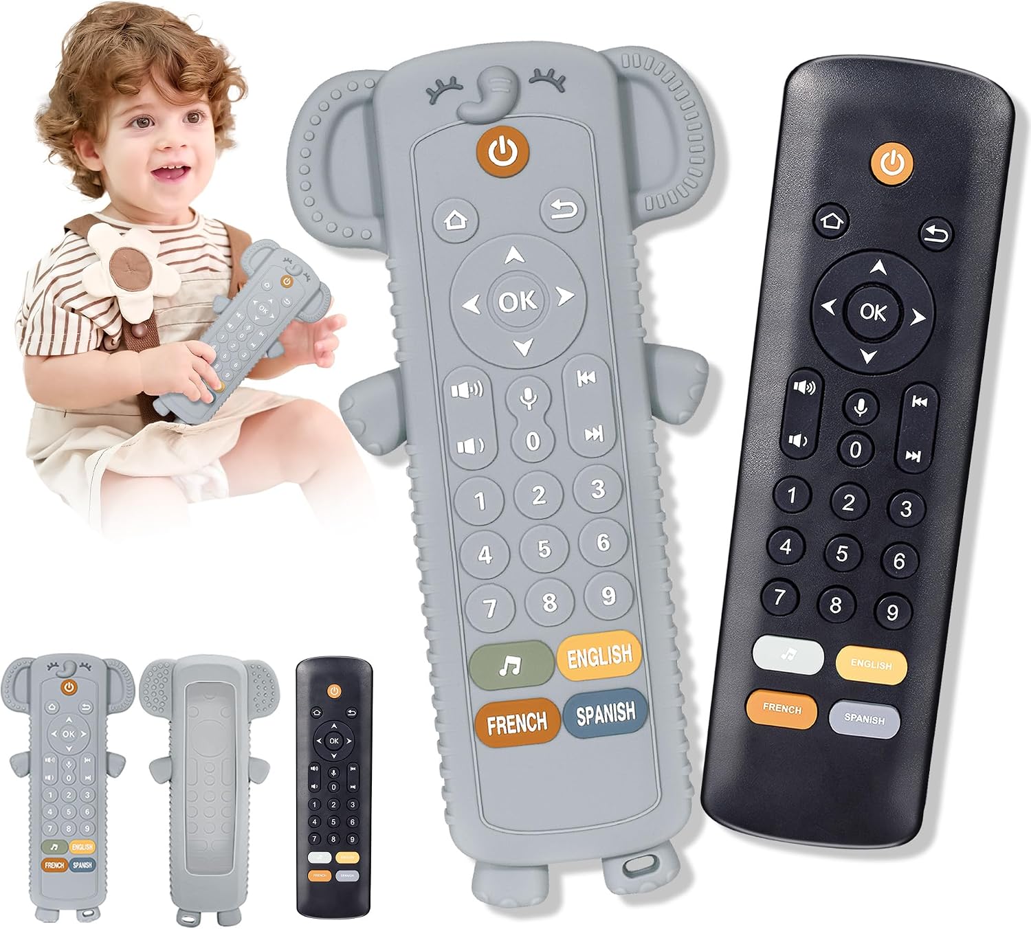 Detalle de Baby remote control toy with silicone teether cover — musical learning in 3 languages (English, Spanish & French) for 6–18 months