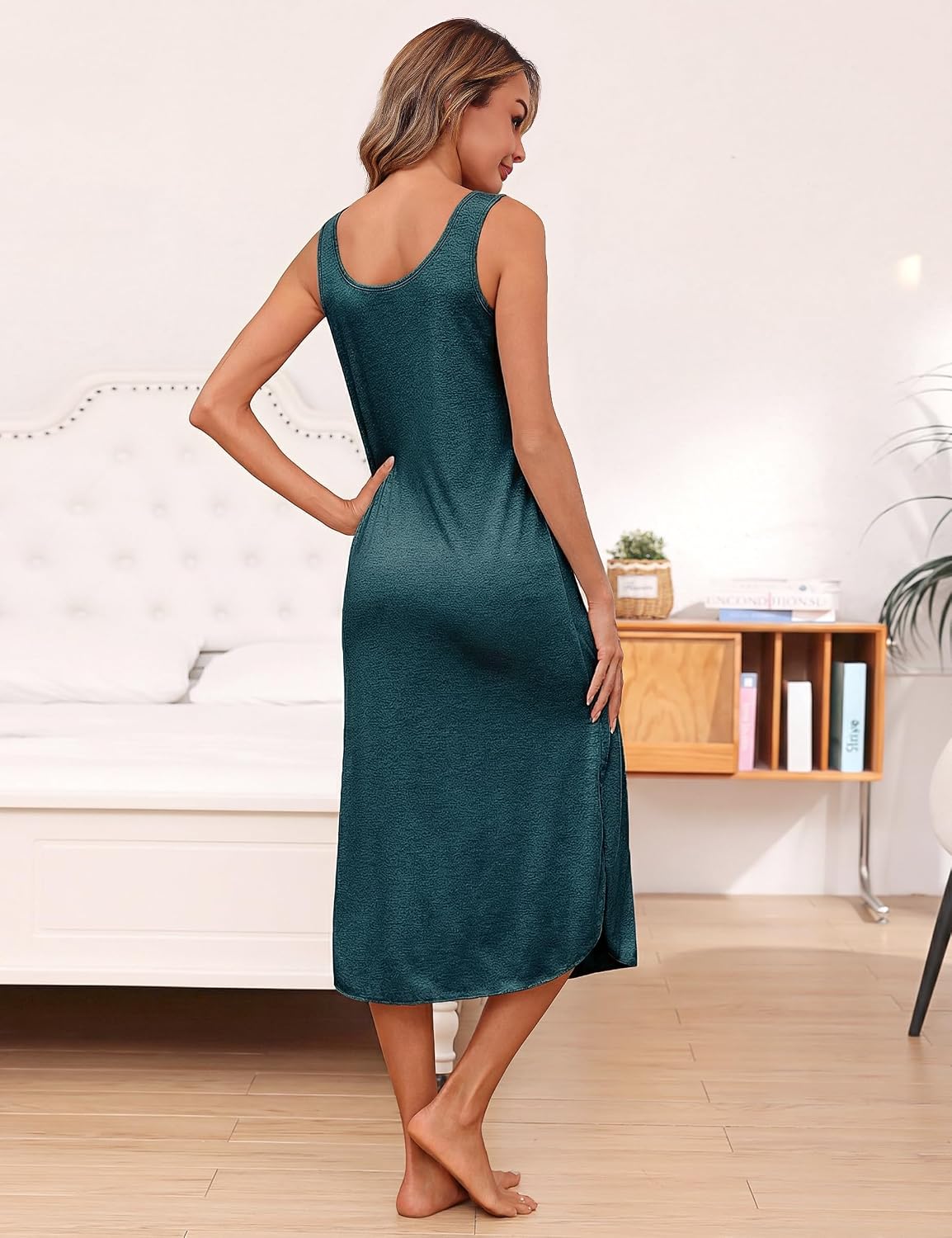 Detalle de Bresdk chemise de nuit femme en coton longue sans manches à col V et bretelles spaghetti