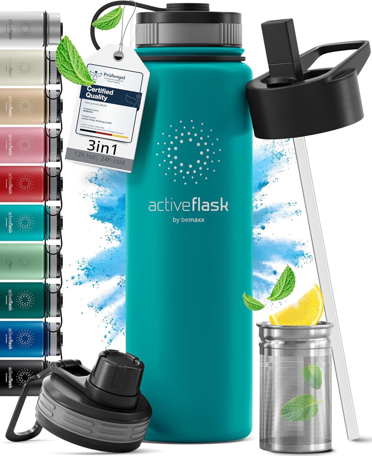 ACTIVE FLASK Edelstahl-Trinkflasche inkl. Strohhalm-Verschluss (3 Deckel), auslaufsicher & BPA-frei