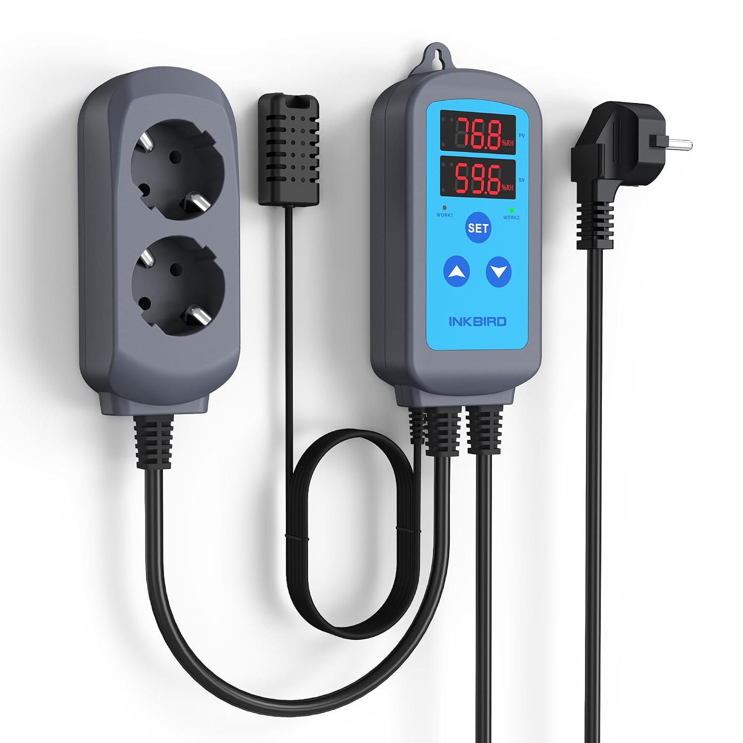 Detalle de Inkbird IHC-200 vochtigheidsregelaar met dubbele relais en LED-display