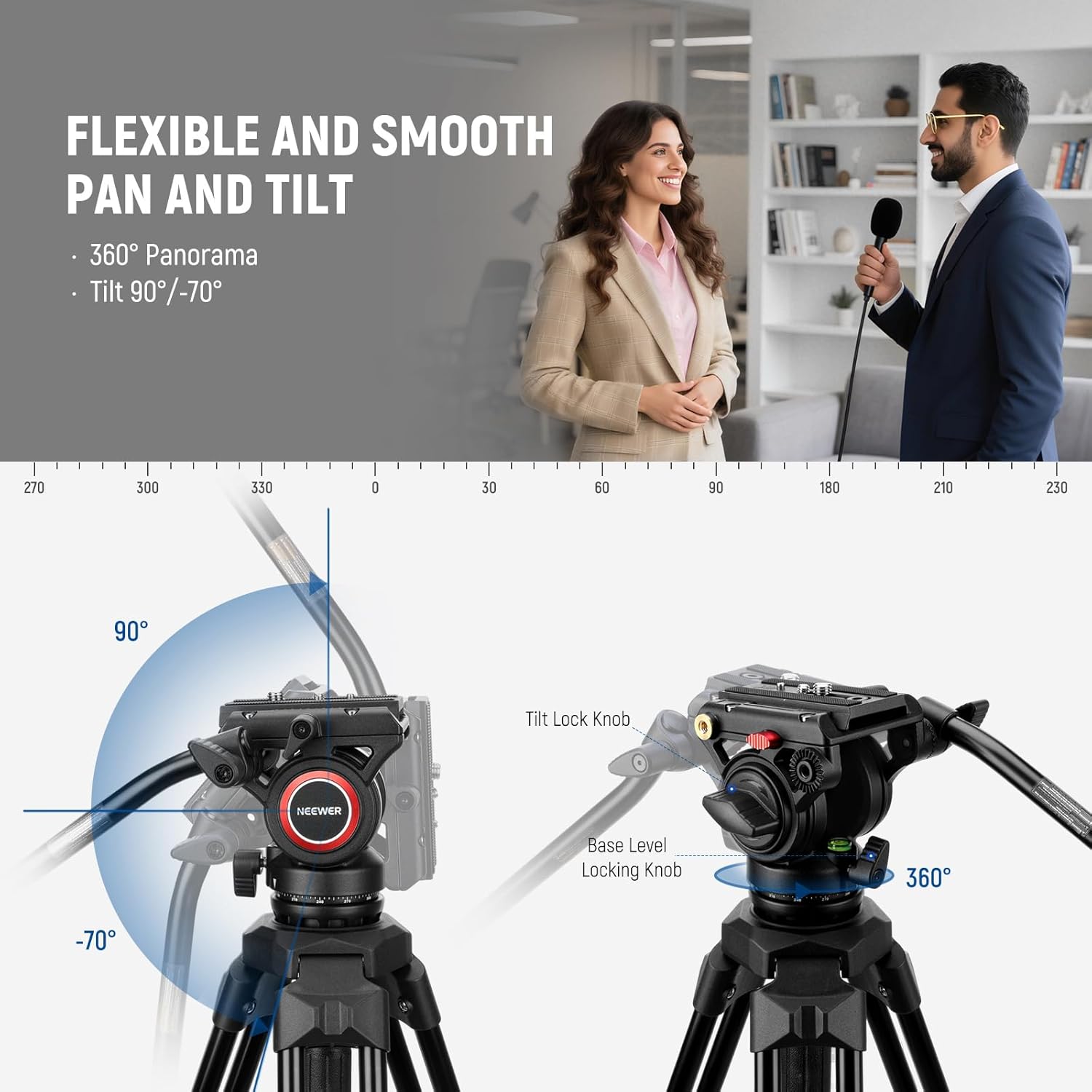 Detalle de NEEWER Video Tripod with Fluid Head, TP73: Heavy-Duty aluminium yet portable for DSLR, Camcorder and DJI gimbals