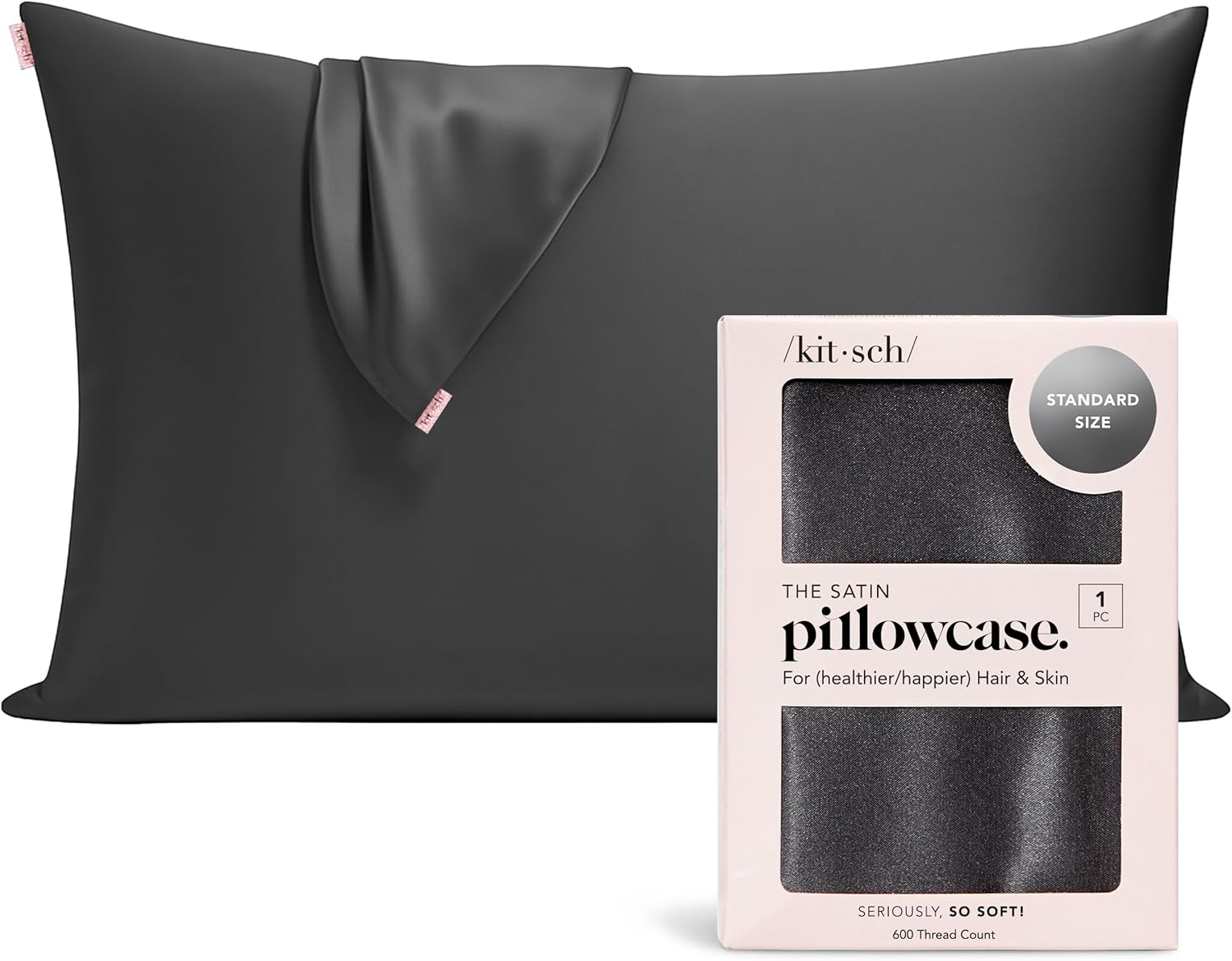 Detalle de Kitsch Satin Pillowcase with Zipper for Hair & Skin (Charcoal) – 48x66 cm